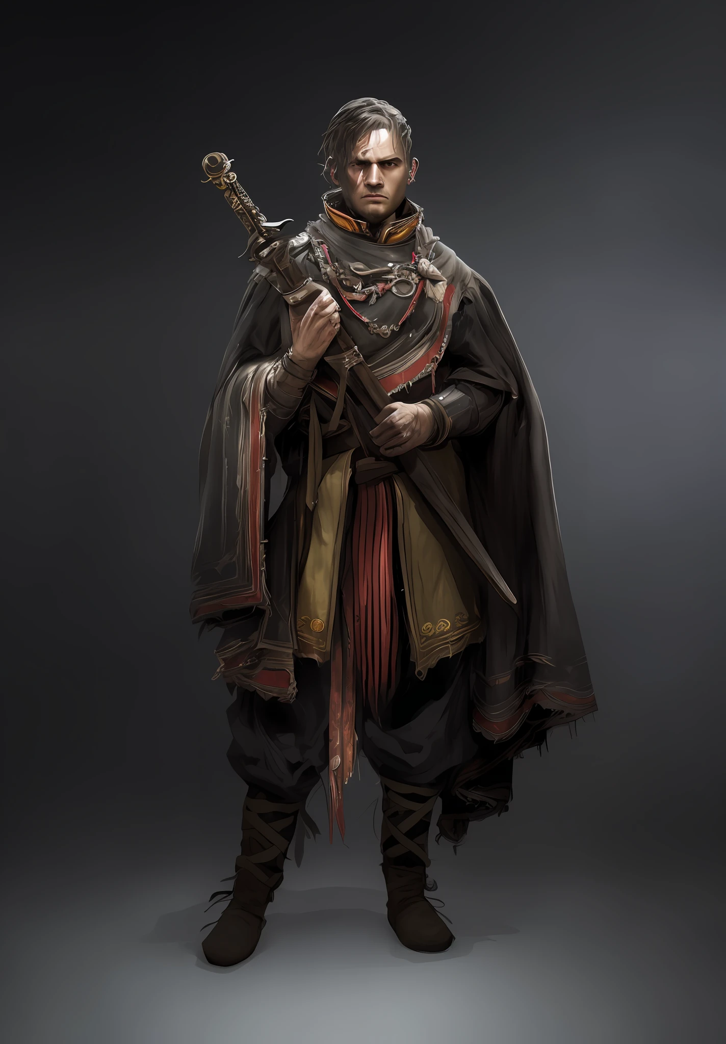 A closeup of a person in a costume holding a sword, concept art of a monk, portrait of a blood hunter, amazing 8K character concept art, senior concept artist, Feng Zhu concept art, Tuomas Korpi and WLOP, 8K character concept art, 8K character concept art, concept art of concept art, cinematic character concept art, male main character, digital illustration, high quality, image of male warrior monk, photogenic details in clothing, armor and worn clothes, light leather armor, candid portrait photo RAW cinematic, full body photo of young boy 27 year old warrior (highly detailed skin: 1.2) ((young/man)) strong man in a (leather armor suit with red and blue fabric for man) in ((Game of Thrones medieval Westeros)) 8k UHD, dslr, soft lighting, high quality, film grain, Fujifilm XT3 perfect open eyes, strong body, serious face, slightly soot dirty face, serious look, medieval combatant, male military/medieval monk, young man posing for image, combat position, fearless face, face with burn scars