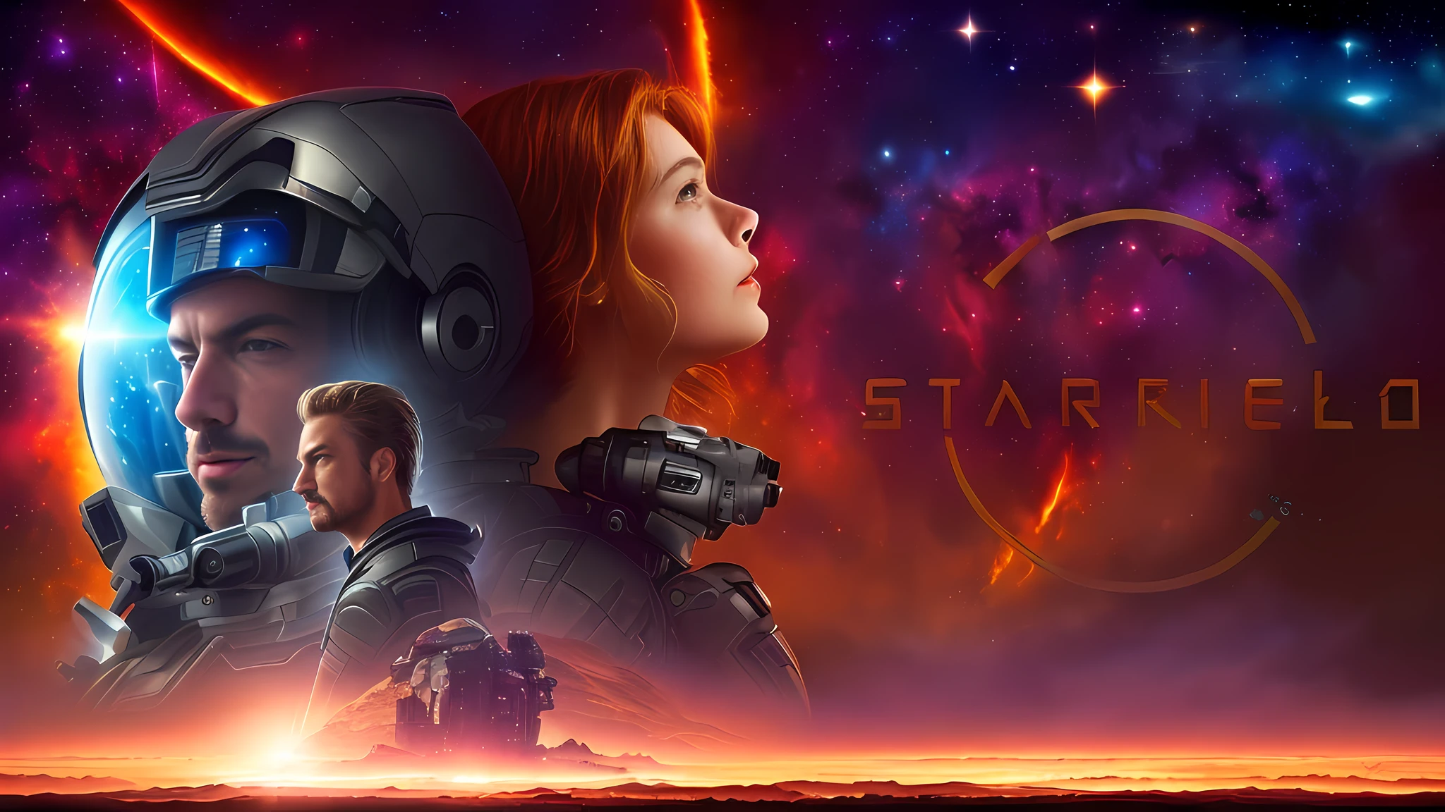 a close up of a poster with a man and a woman on a planet, starfield, starlit, new scifi movie, art directed filmic stark, starry, key art, stellaris, from a 2 0 1 9 sci fi 8 k movie, award-winning sci-fi, starfield in background, starscape, award winning scifi art --auto --s2