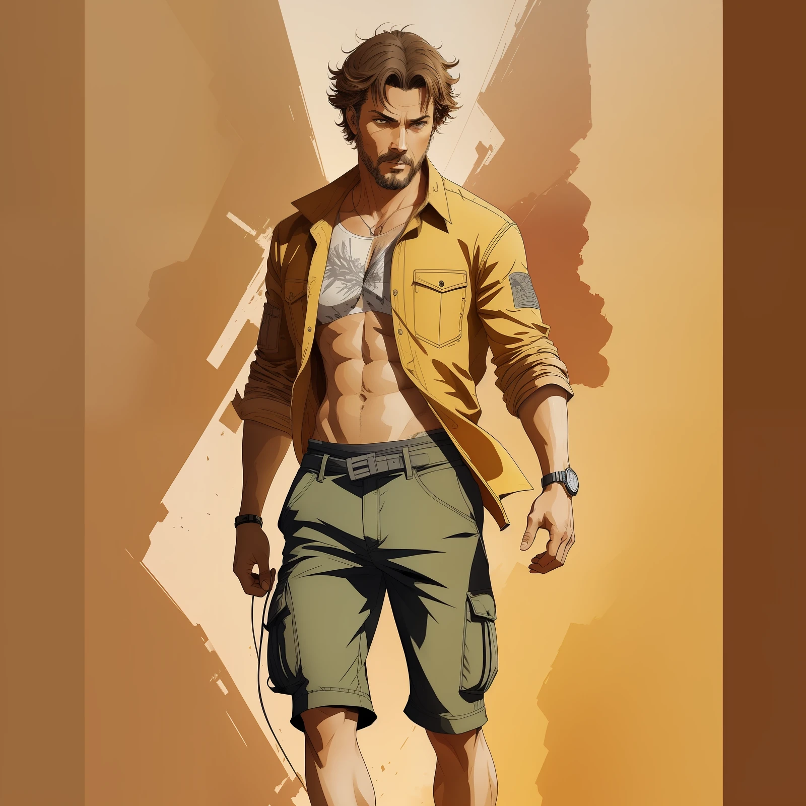 A stylized watercolor digital illustration, attractive, fashion, middle-aged tanned skinning man, age 36 top angle shot, light brown short messy hair, a big metropolis as the background, cinematic light, yellow shirt, cargo shorts, Art by Carne Griffiths and Wadim Kashin, Yoji Shinkawa, Peter Draws, heavenly handsome face, detailed eyes, big greek nose, perfect anatomy, natural hand poses, natural legs poses, approaching perfection, dynamic poses, luminism, highly detailed, sharp focus, full body shot, 8k UHD, masterpiece, ultra fine detail. --auto --s2