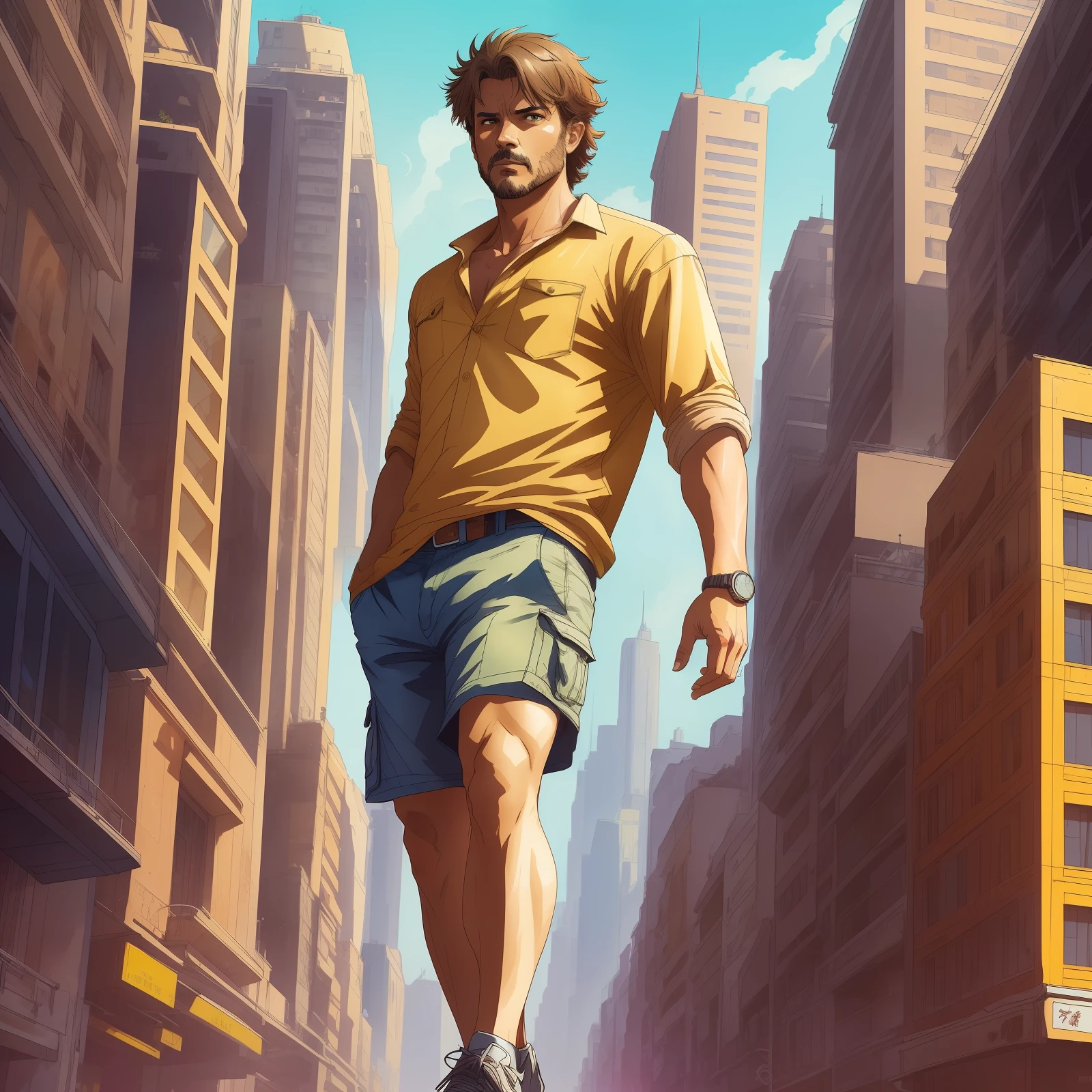 A stylized watercolor digital illustration, attractive, fashion, middle-aged tanned skinning man, age 36 top angle shot, light brown short messy hair, a big metropolis as the background, cinematic light, yellow shirt, cargo shorts, Art by Carne Griffiths and Wadim Kashin, Yoji Shinkawa, Peter Draws, heavenly handsome face, detailed eyes, big greek nose, perfect anatomy, natural hand poses, natural legs poses, approaching perfection, dynamic poses, luminism, highly detailed, sharp focus, full body shot, 8k UHD, masterpiece, ultra fine detail. --auto --s2