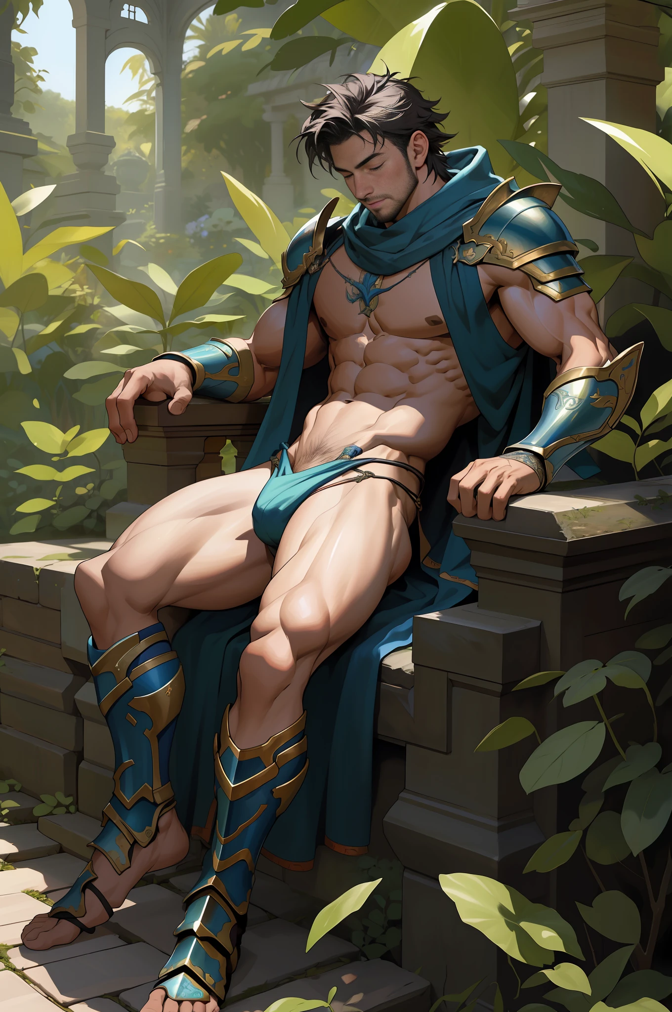 masterpiece, best quality, ultra high res, highly detailed, male, fantasy, thong, armor, pantless, shirtless, open clothes, sleeping, botanical garden