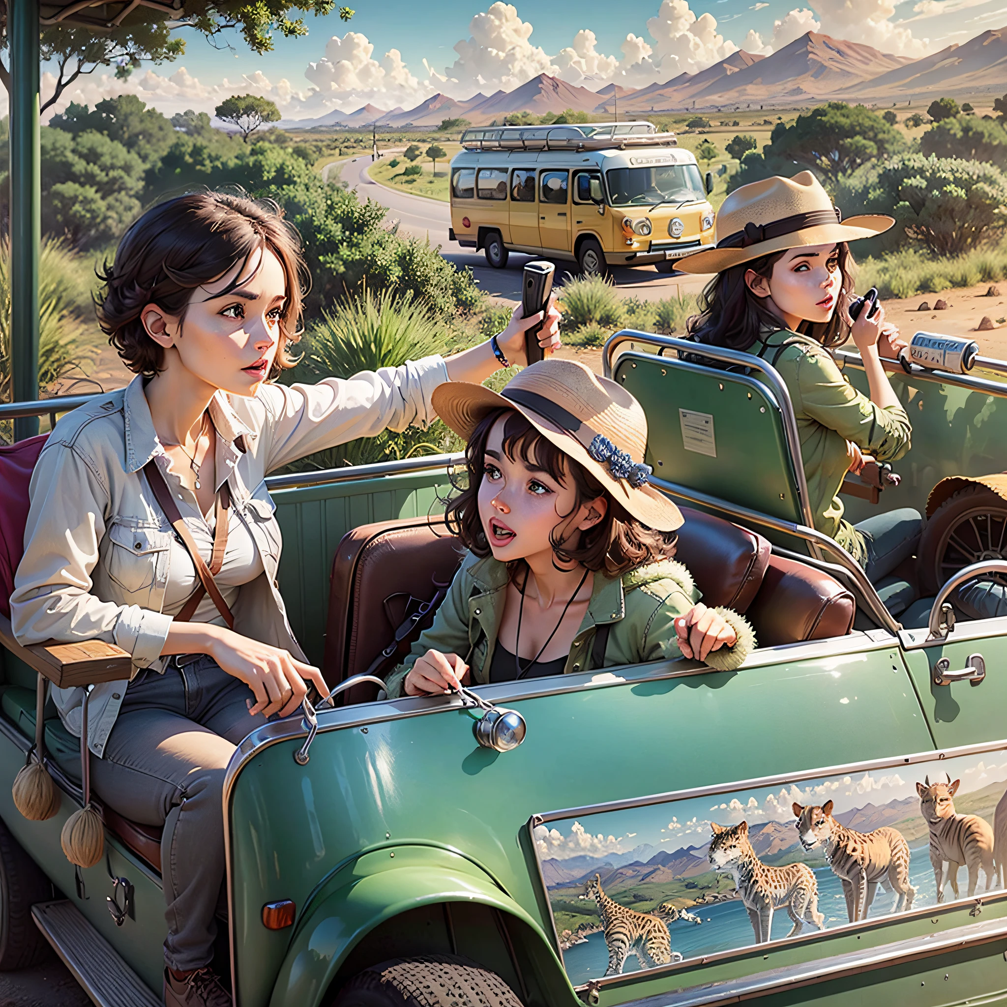 A group of people on a safari park, sitting in a sightseeing car looking out, comic style --auto --s2