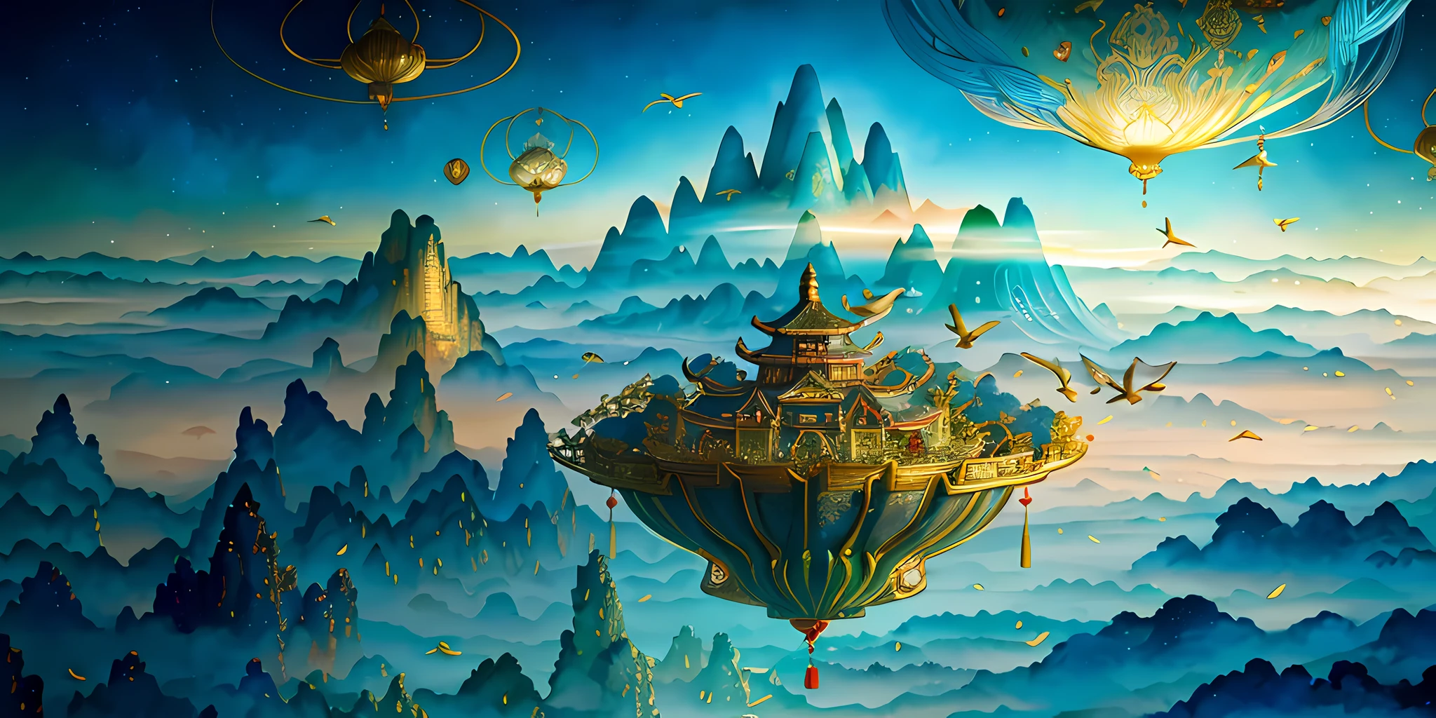 an image of an asian landscape with mountains and birds in the air, in the style of fantastical otherworldly visions, light cyan and gold, intricately mapped worlds, hyperrealistic illustrations, romanticized cityscapes, detailed character illustrations, organic shapes and curved lines, --v6
