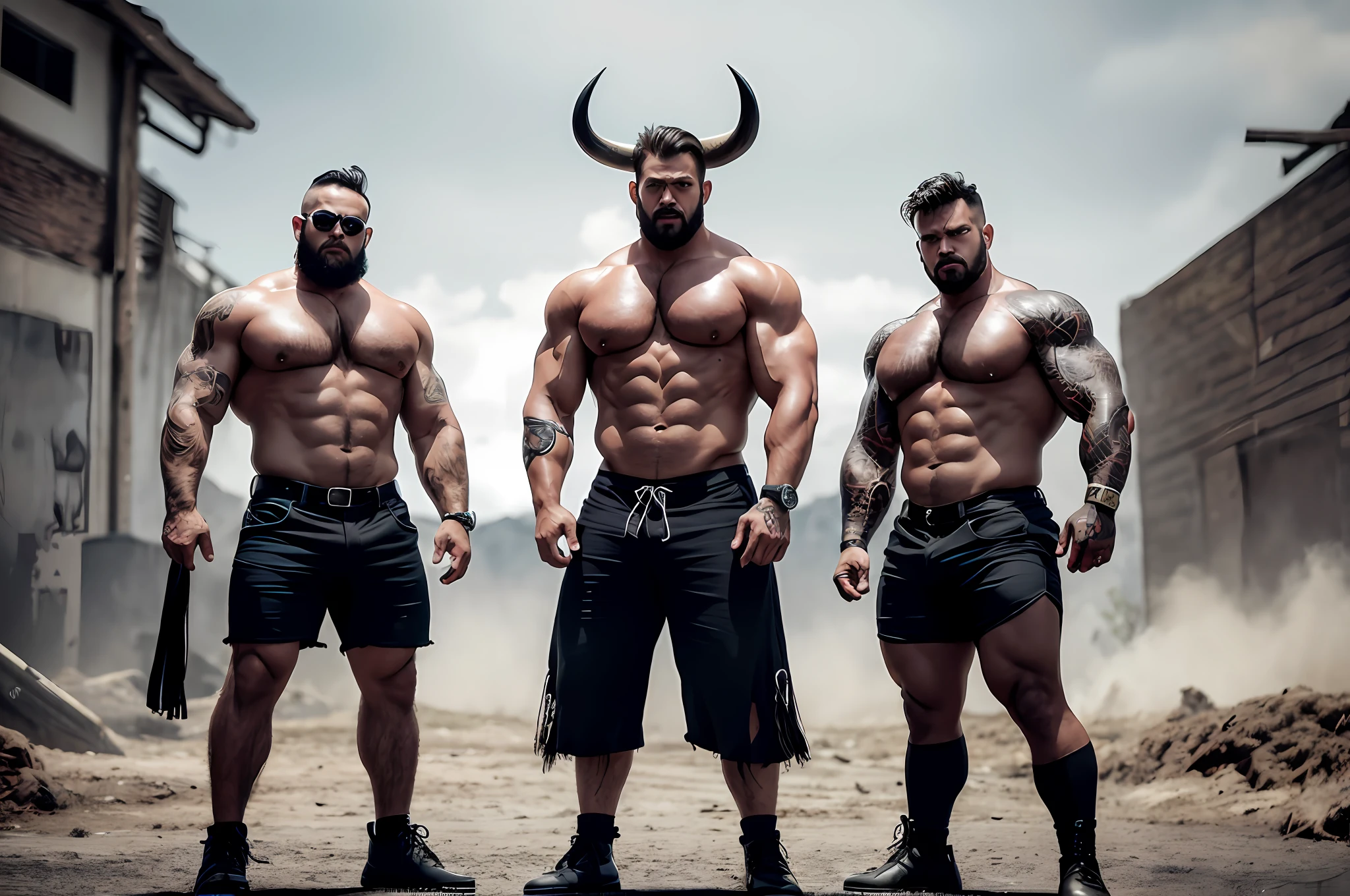 Three-headed boy, monster style, strong muscle, chest hair, angry face, ((best quality)), mega realistic, shredded shorts, thick and strong legs, buffalo horn, striking look, depth of field, ox skeletons on the ground, looking at the spectator, intimidating pose