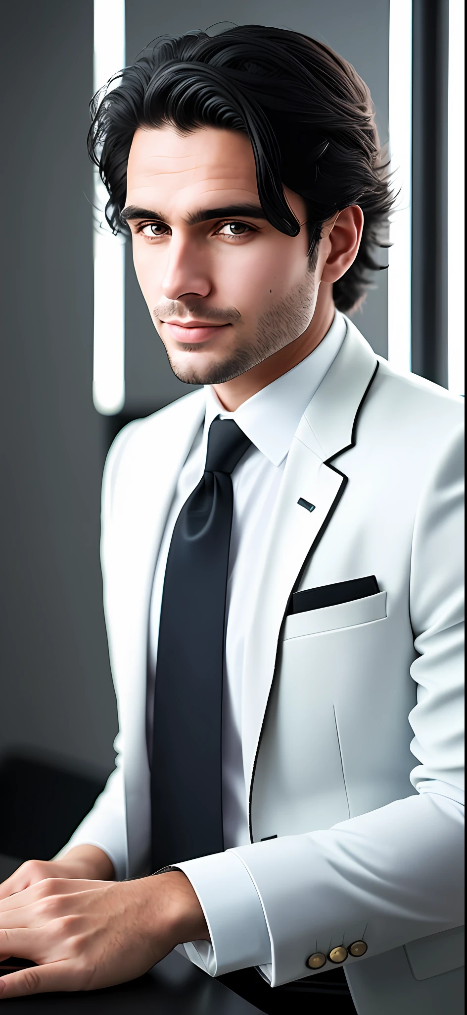 Brazilian white man, in suit, in work environment, age 30 years, white with black hair, hyper detailed, ultra sharp, 8k (insanely detailed: 1.5, 20 megapixels, Canon eos r3 camera