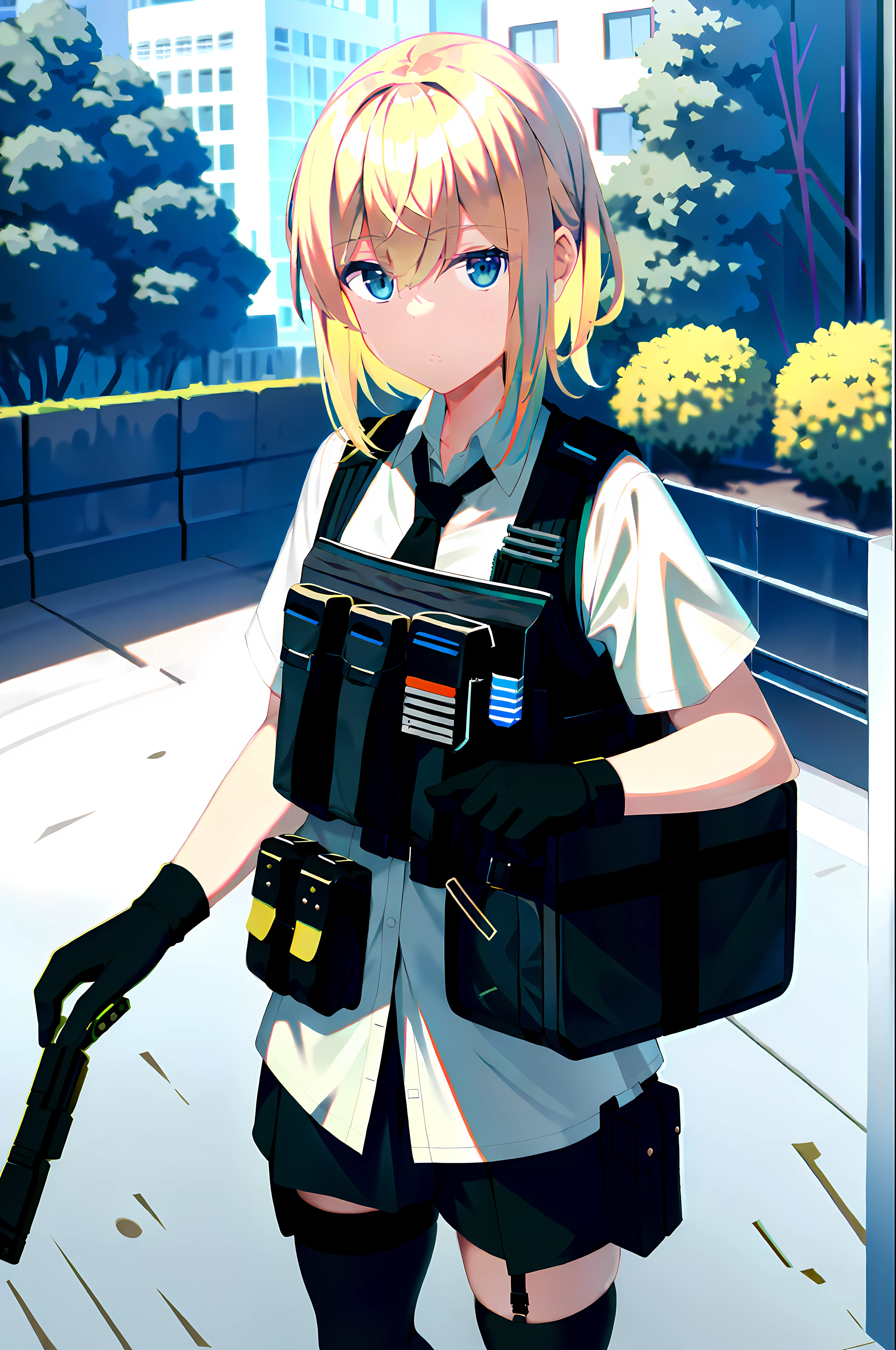 photo of a iom girl, 1girl, bangs, blond hair, blue eyes, bulletproof vest, gloves, headphones, holster, looking at viewer, medium hair, military, plate carrier, tactical clothes, (black and khaki clothes), thigh holster, thigh strap, forest, running, black backpack, outdoors,