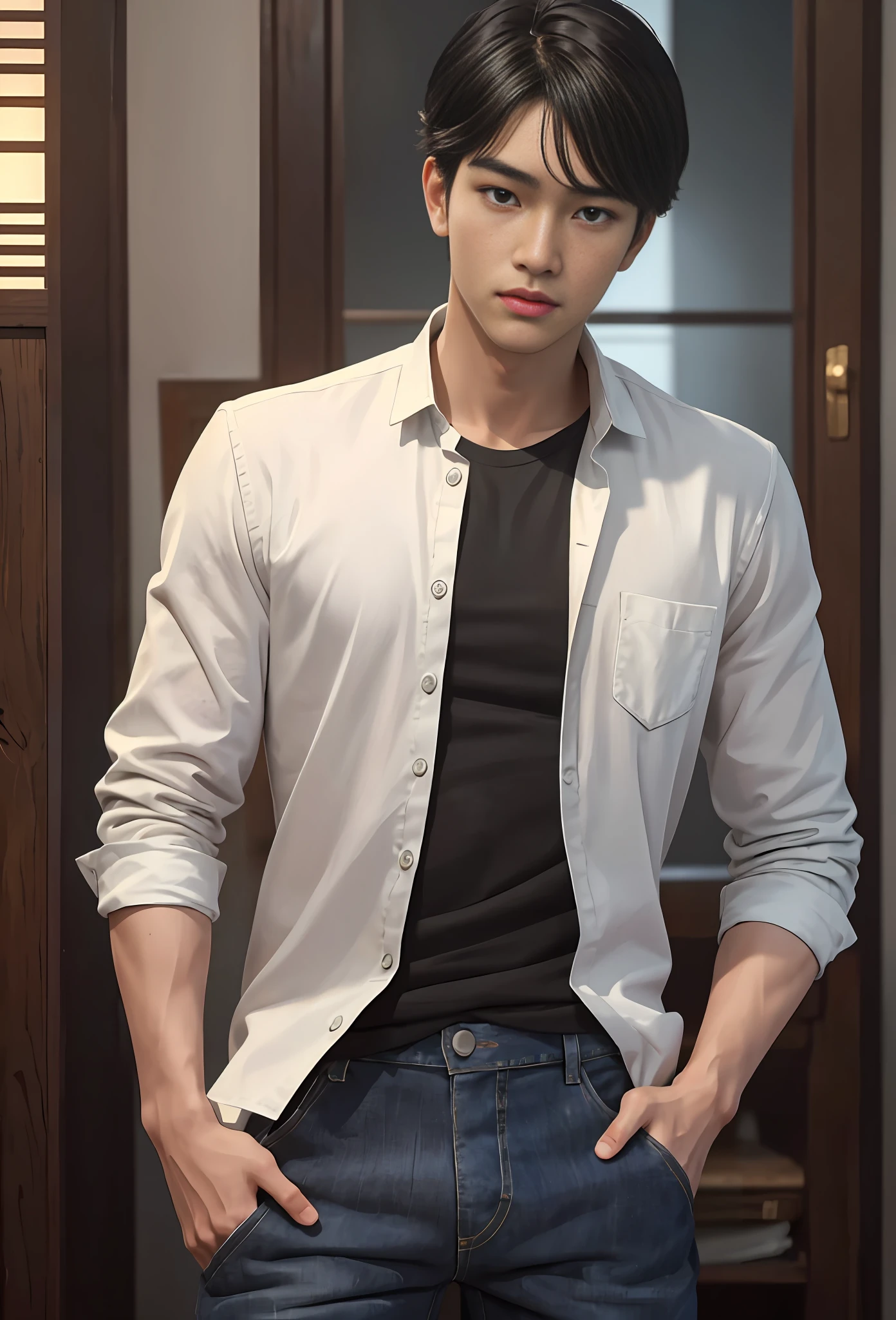 Masterpiece, best quality, (realistic, very detailed), boy, handsome asian face, perfect face, beautiful hair, ((delicate face)), short black hair with bangs, wearing jeans and white shirt, slim body, atmosphere, (realism: 1.5), 8k