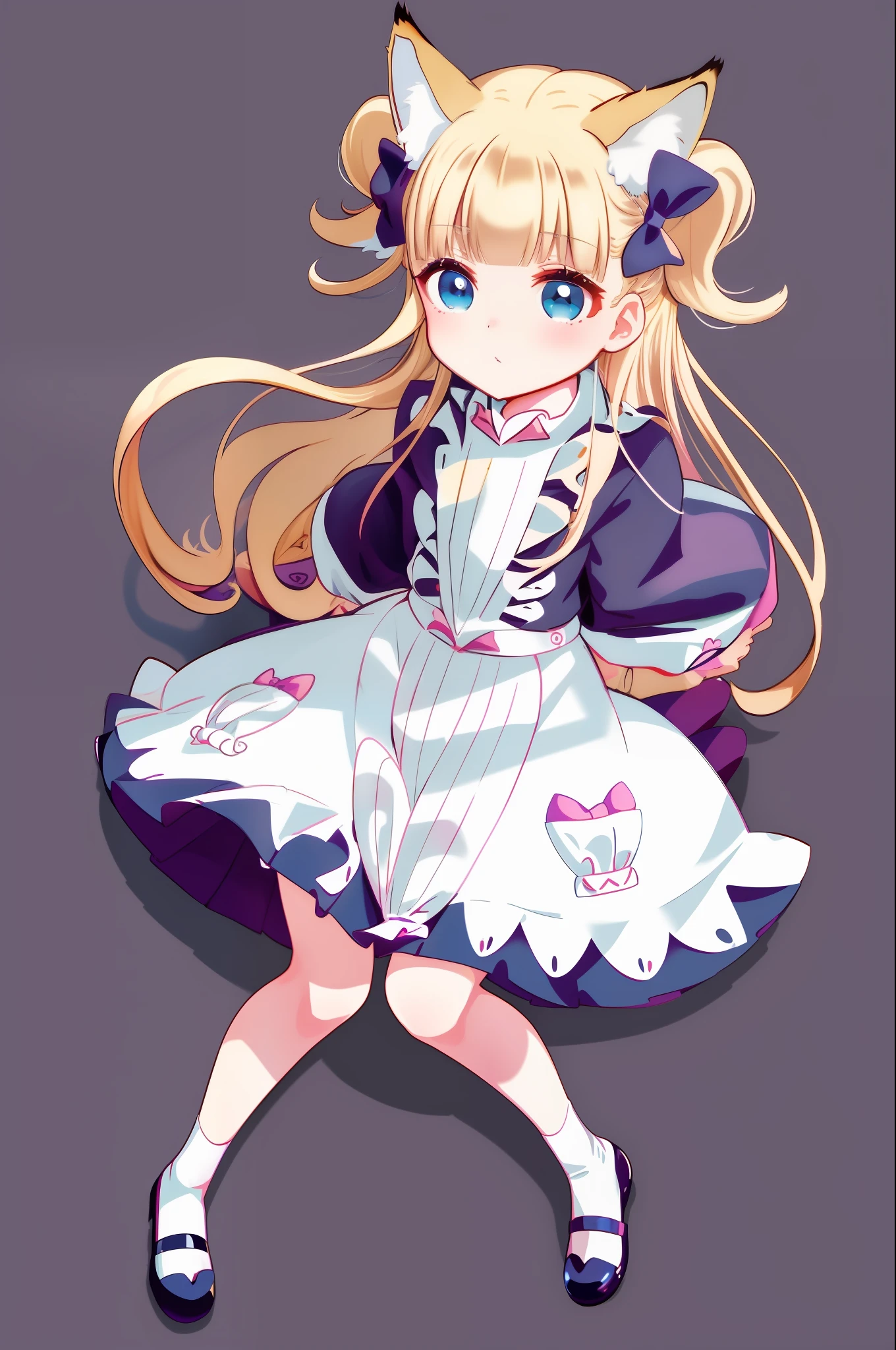 animal_ear_fluff, animal_ears, apron, aqua_eyes, bangs, blunt_bangs, eyebrows_visible_through_hair, fox_ears, fox_tail, frilled_apron, frills, full_body, long_hair, long_sleeves, sandals, simple_background, solo, lay down, tabi, tail, wa_maid, white_background, white_legwear, wide_sleeves, zouri, bikini