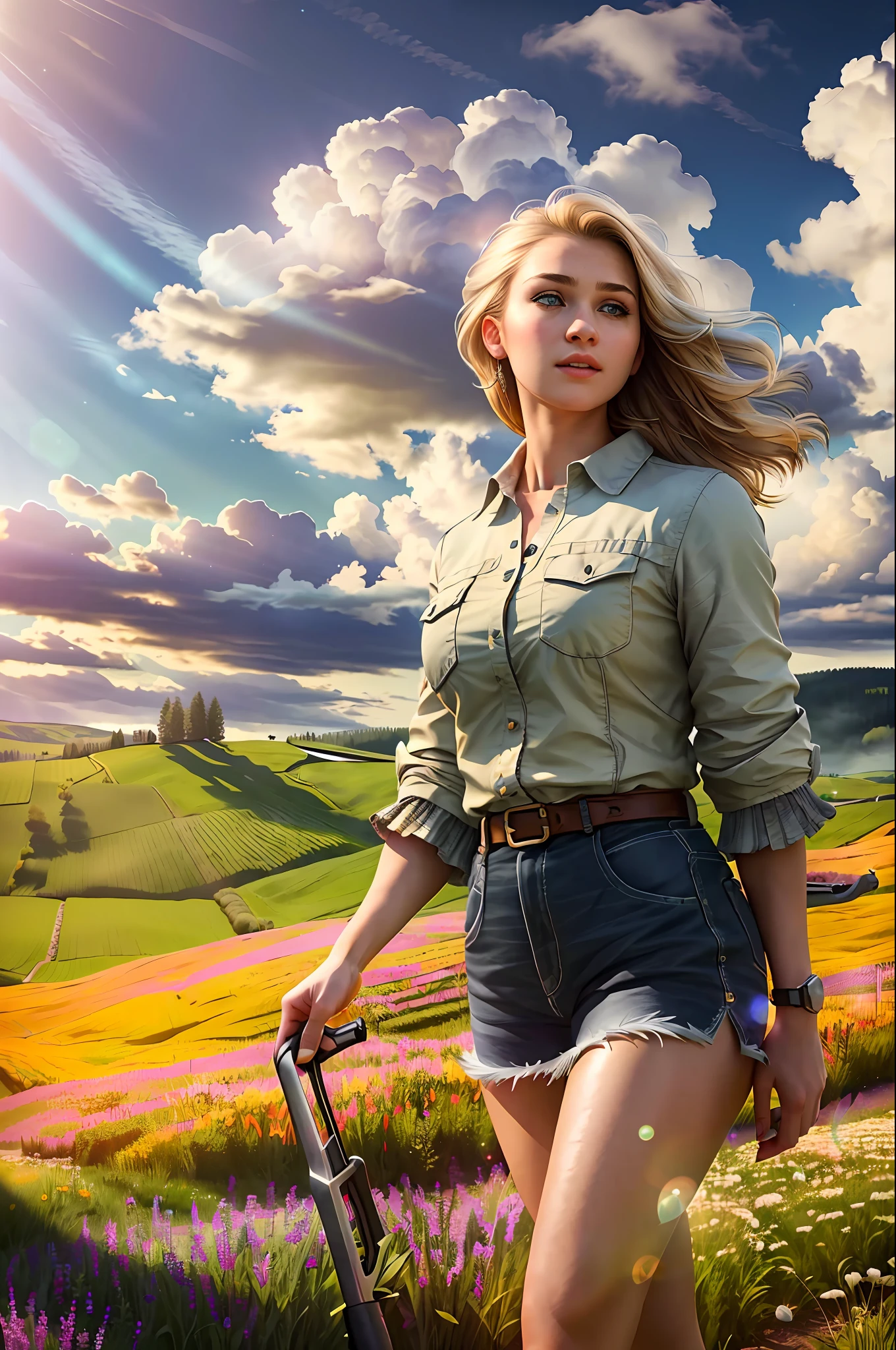(realistic:1.3), finely detailed, quality, rembrandt lighting, (masterpiece:1.2), (photorealistic:1.2), (best quality), (detailed skin:1.3), (intricate details), dramatic, ray tracing, 1girl, american white girl, blonde hair, 21 years old, medium breasts, (Meadow, Sun, Clouds, Field, Farming, Starlight, Walking trail)