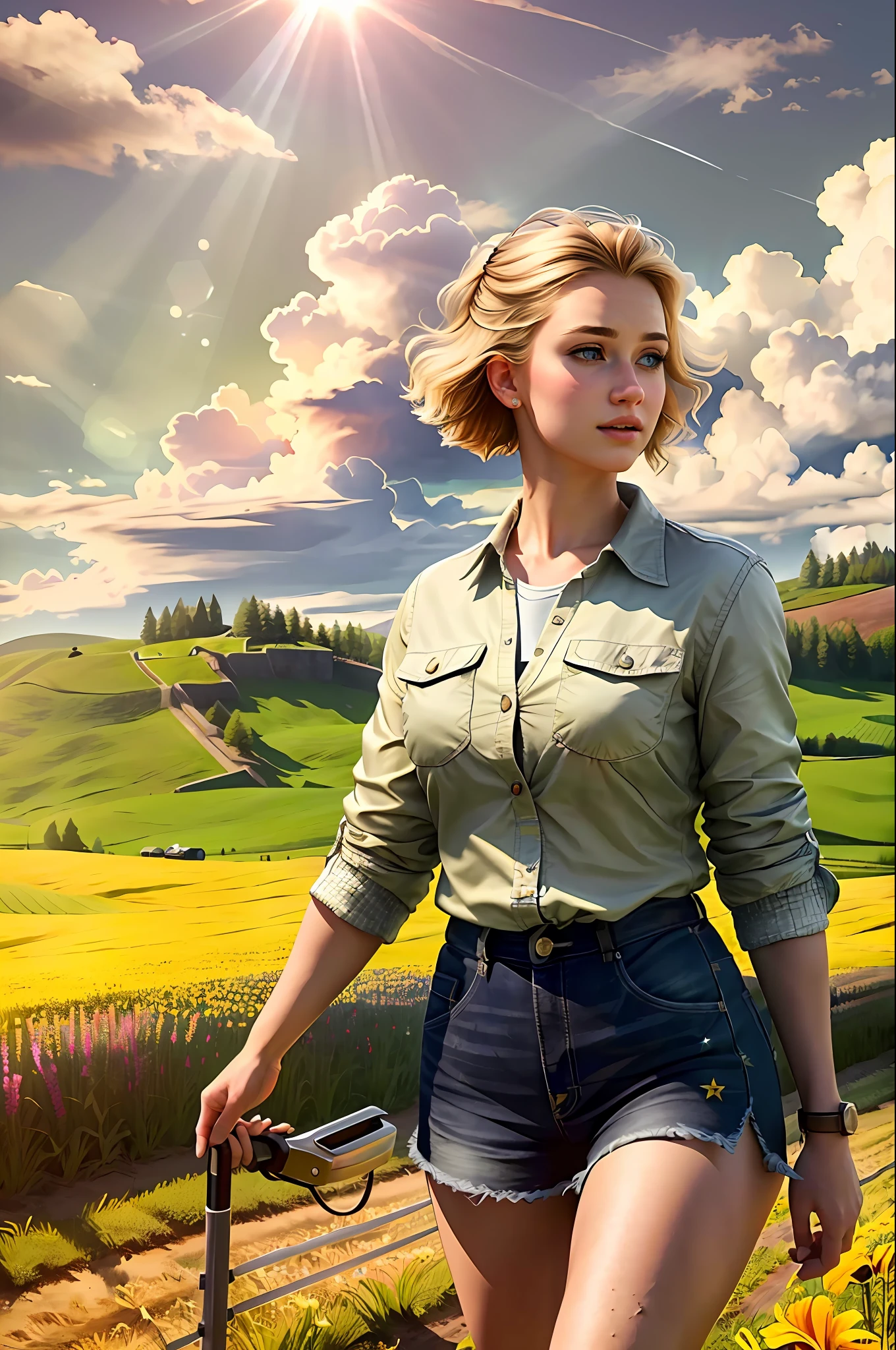 (realistic:1.3), finely detailed, quality, rembrandt lighting, (masterpiece:1.2), (photorealistic:1.2), (best quality), (detailed skin:1.3), (intricate details), dramatic, ray tracing, 1girl, american white girl, blonde hair, 21 years old, medium breasts, (Meadow, Sun, Clouds, Field, Farming, Starlight, Walking trail)