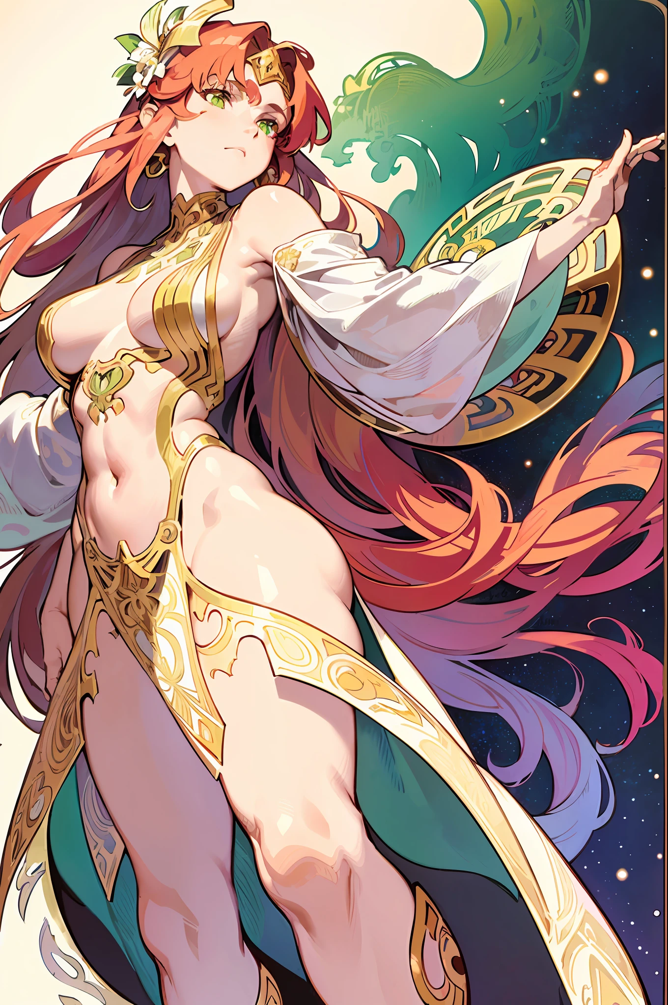 (Alphonse Mucha: 1.4), Face portrait of European beauty, long hair, red and green gradient hair flower decoration, (very few clothes: 2), (detail + intricate details: 1.2), 4K, abstract art, body proportions, line art, side face, colorful, Fibonacci, Mucha style