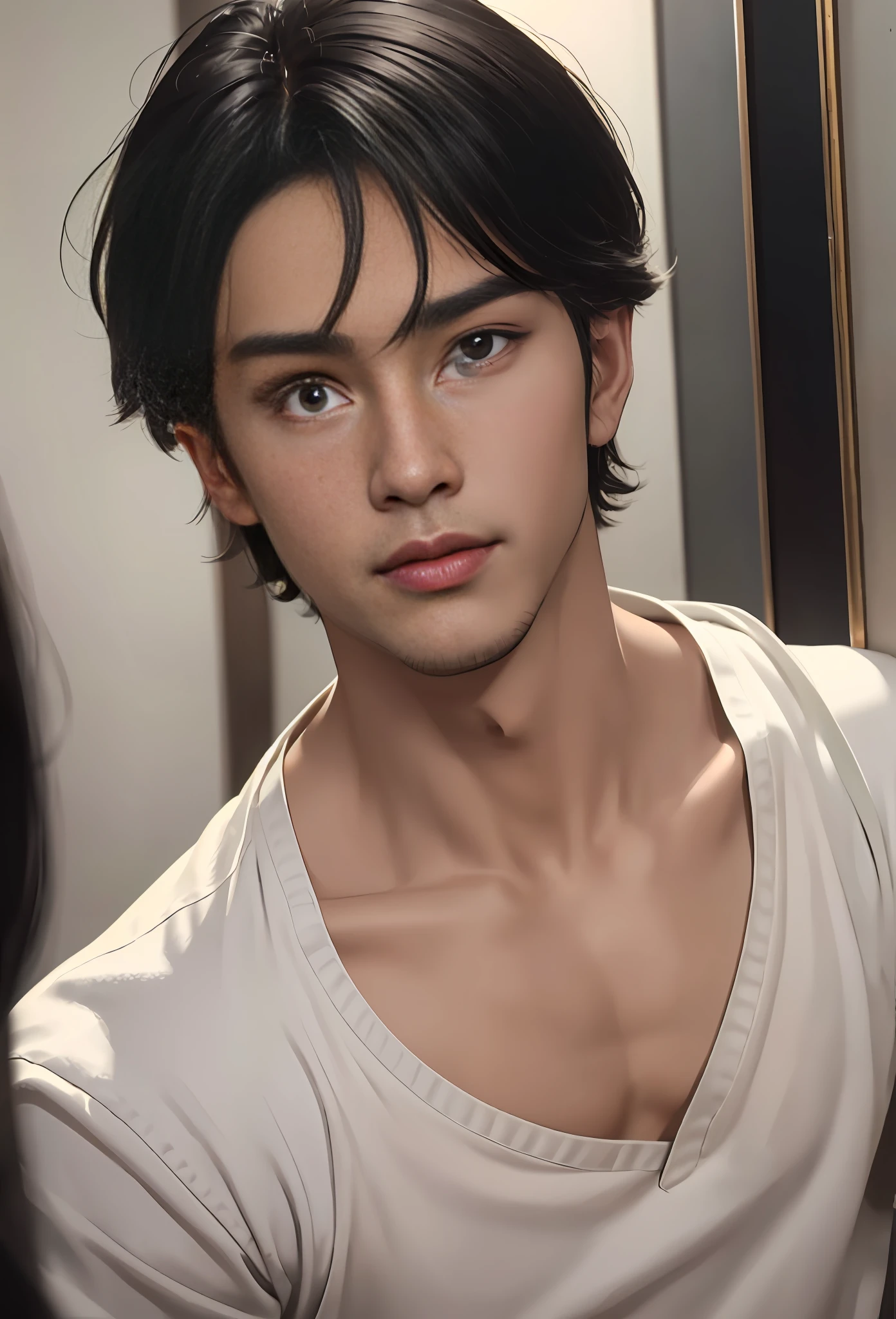 Masterpiece, best quality, (realistic, very detailed), boy, handsome asian face, perfect face, beautiful hair, ((delicate face)), short black hair with bangs, wearing jeans and white shirt, slim body, atmosphere, (realism: 1.5), 8k