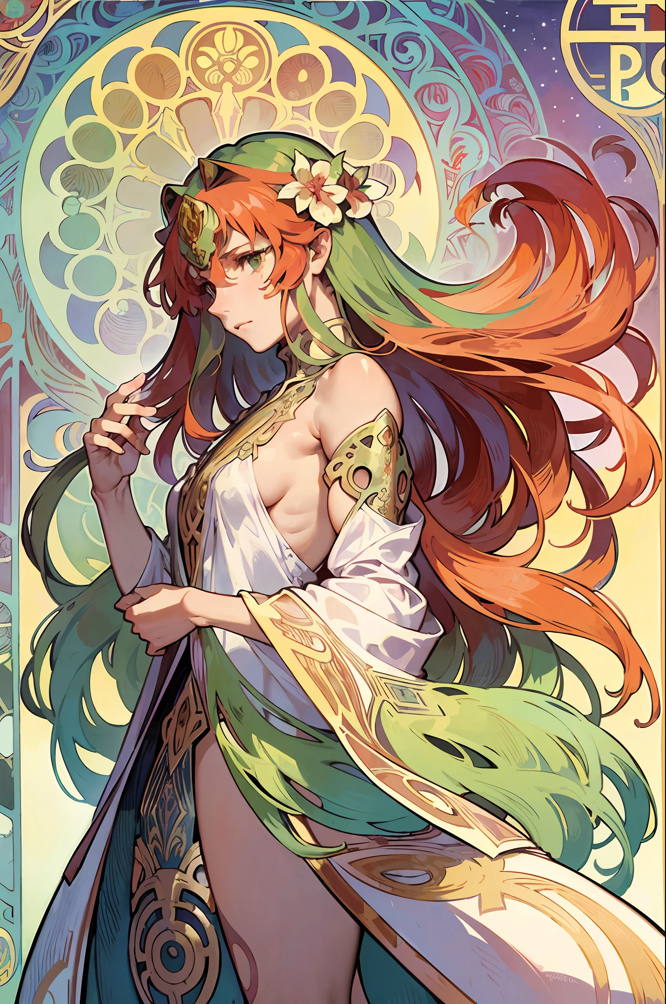 (Alphonse Mucha: 1.4), Face portrait of European beauty, long hair, red and green gradient hair flower decoration, (very few clothes: 2), (detail + intricate details: 1.2), 4K, abstract art, body proportions, line art, side face, colorful, Fibonacci, Mucha style