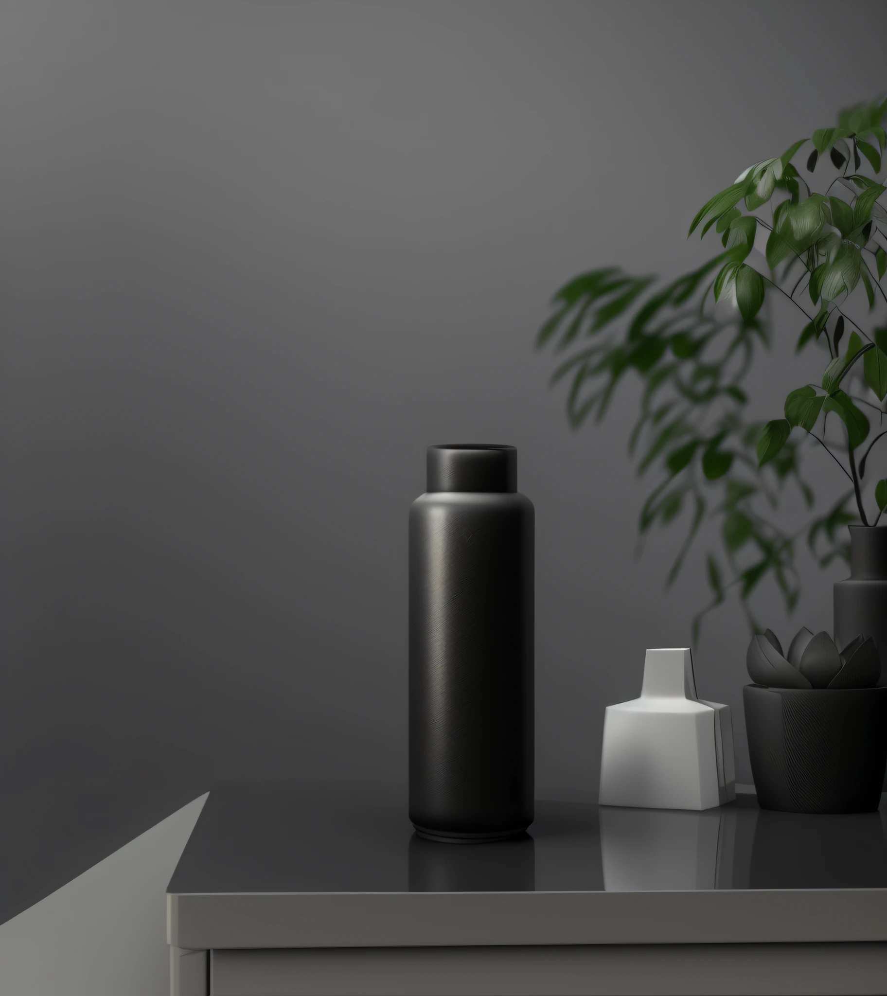 there is a black vase sitting on a table next to a plant, product render, rendered in corona, product design render, 3 d product render, dslr photo of a vase on a table, by jeonseok lee, 3d matte render, semi - realistic render, high quality topical render, high res render, product introduction photo, detailed 3 d render