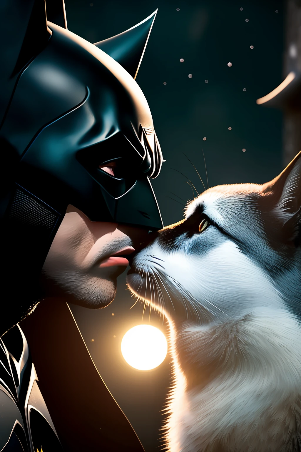 Batman kissing Robin, in a super romantic scene, sib in moonlight, scene on top of a scratching post, ultra detailed, ultra realistic, depth of field