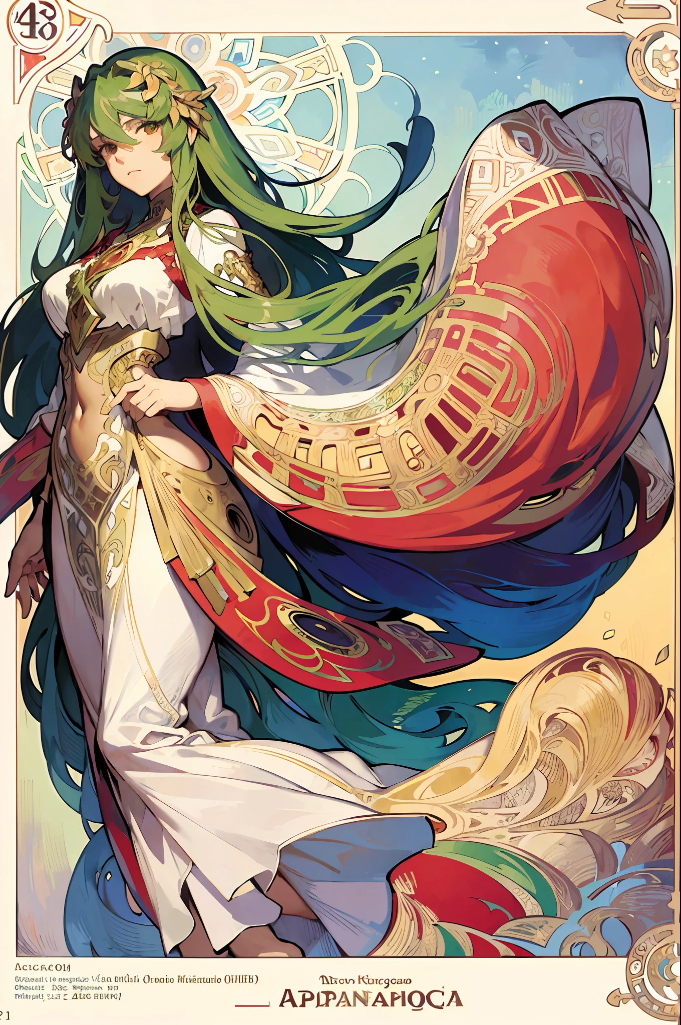 (Alphonse Mucha: 1.4), Face portrait of European beauty, long hair, red and green gradient hair flower decoration, (very few clothes: 2), (detail + intricate details: 1.2), 4K, abstract art, body proportions, line art, side face, colorful, Fibonacci, Mucha style