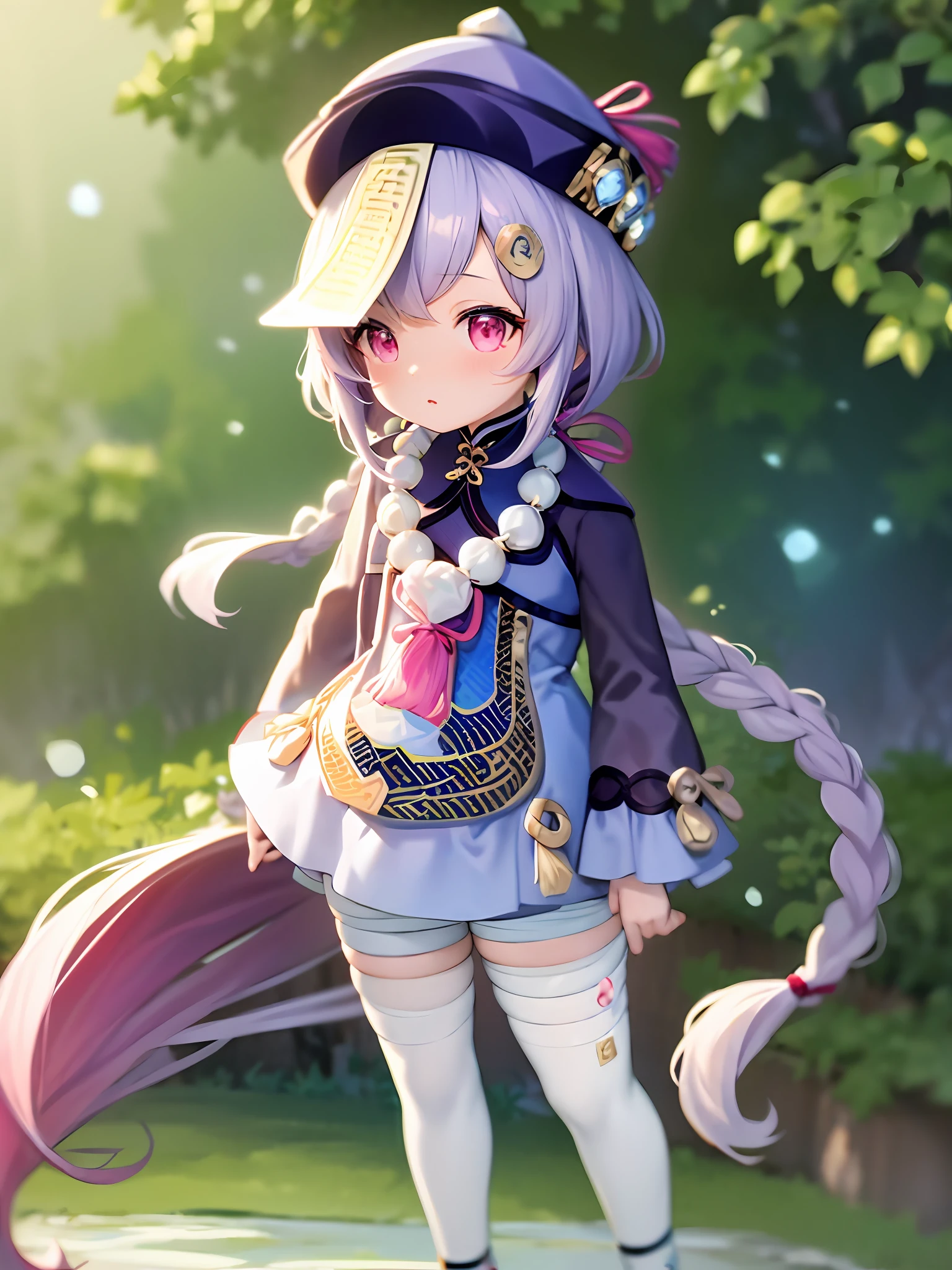 ofuda 1girl qiqi (genshin impact), (cute:1.1), masterpiece, best quality, perfect hand, wide hips, (windy:1.3), looking at the audience, standing in the water, wet clothes masterpiece, best quality, wallpaper