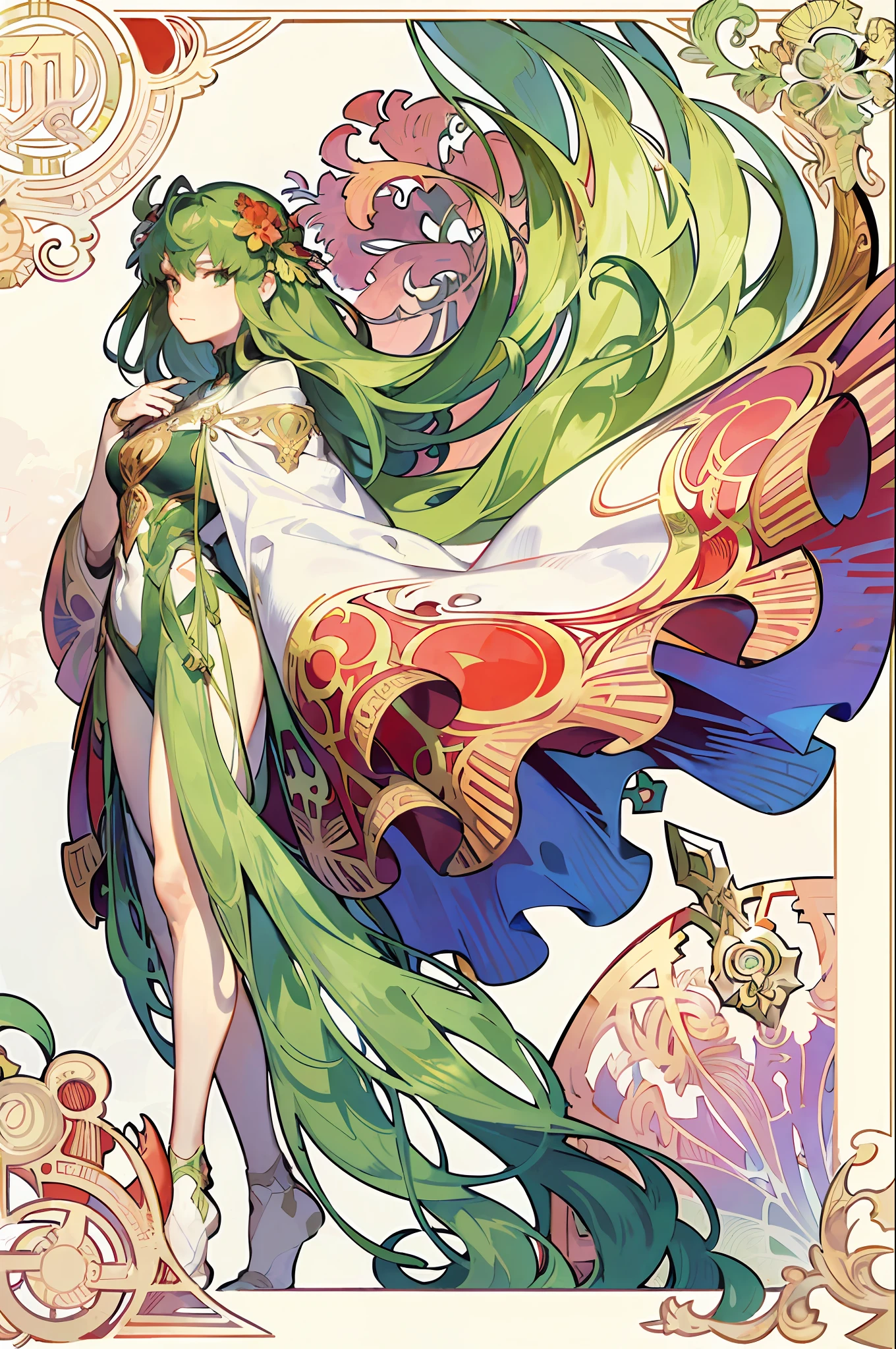 (Alphonse Mucha: 1.4), Face portrait of European beauty, long hair, red and green gradient hair flower decoration, (very few clothes: 2), (detail + intricate details: 1.2), 4K, abstract art, body proportions, line art, side face, colorful, Fibonacci, Mucha style