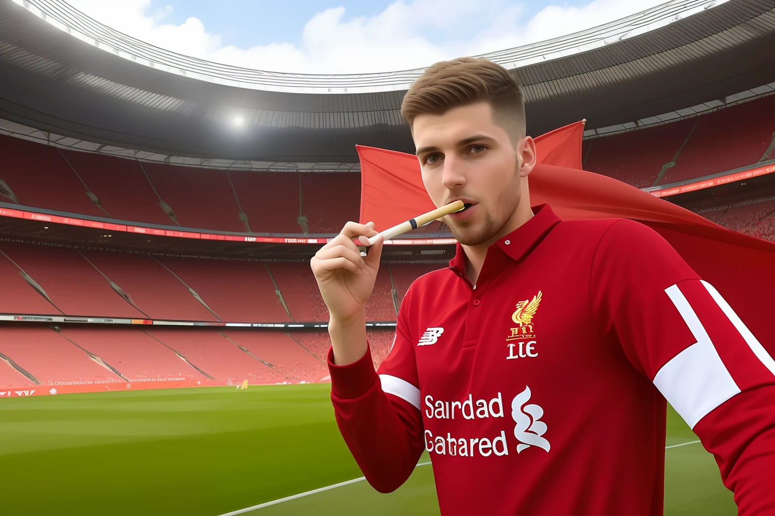 Liverpool fan with stadium packed with flags and him smoking a joint