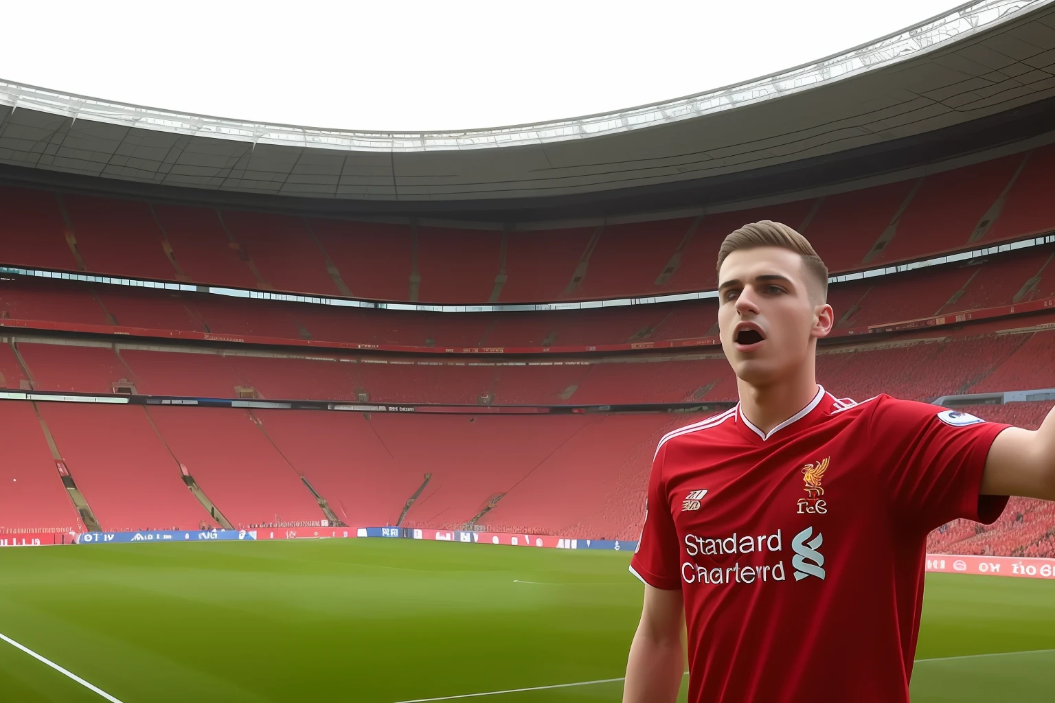 Liverpool fan with stadium packed with flags and him smoking a joint