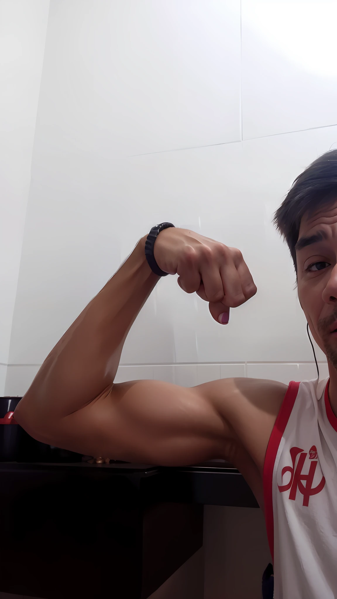 there is a man that is flexing his muscles in the bathroom, showing off biceps, flexing, flexing large muscles, posing and flexing, big biceps, fit pic, strong arms, 2 arms, low quality photo, arms extended, very very low quality picture, big arms, showing strong muscles, muscular!!!, arms to side, posing with crossed arms, low quality photograph