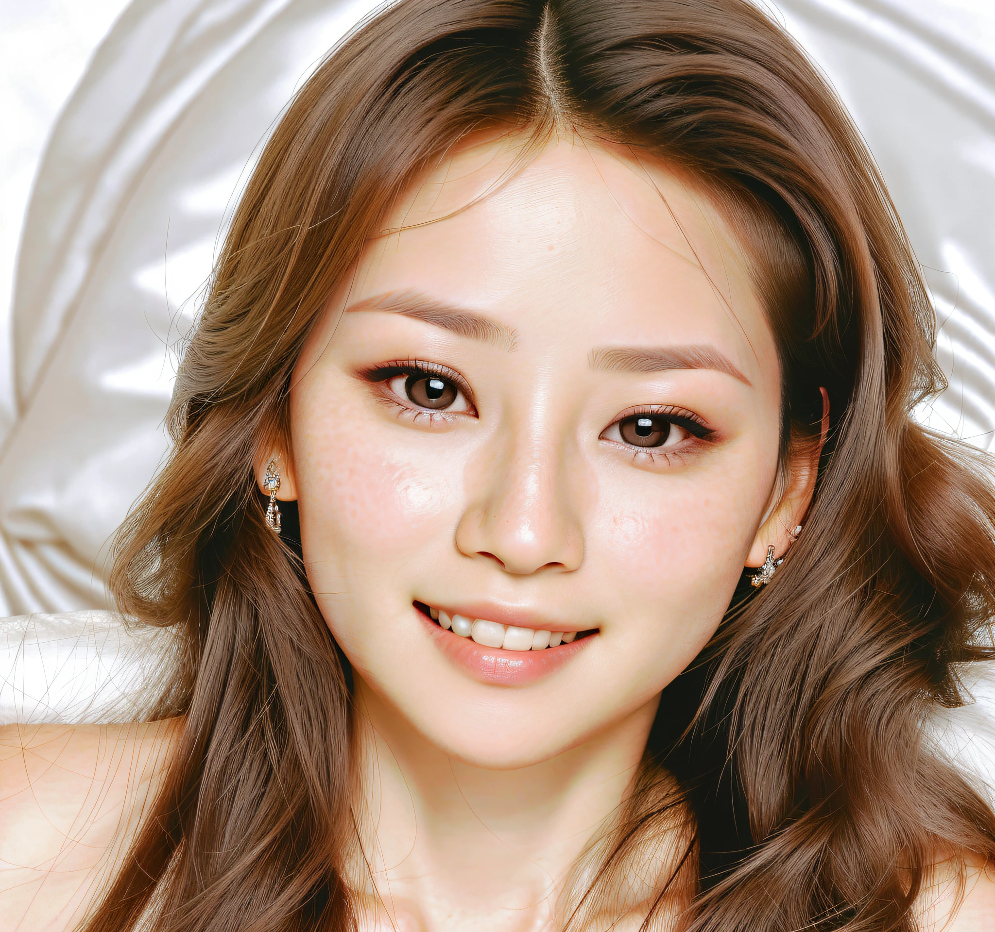 (Photorealistic: 1.4), Masterpiece, Ultra High Resolution, RAW Photo, Best Quality, (Smile with Teeth: 10.0), (Sexy: 1.4), Raw Photo, Japan Beautiful Wife, (Small Face: 3.0), (Cute: 3.0), (Blush Pink: 3.0), (Eyes Downed: 5.0), (Large, Round Eyes: 3.0), (Moisturized Eyes: 3.0), ( Upper eye on camera: 3.0), figure eight with double-down eyebrows, white skin with makeup, short hair, lying on his back on the bed,