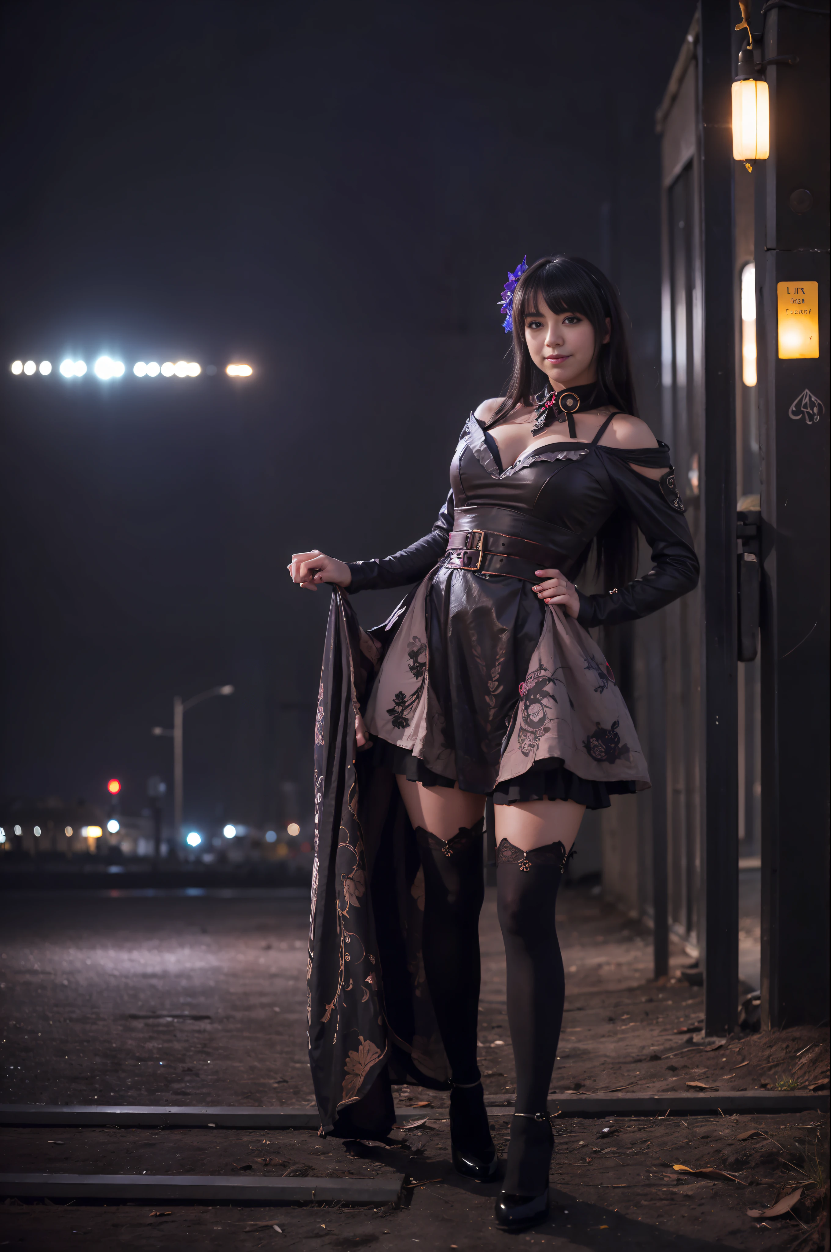 ((artistic photography)) Short dress, dark brown lace stockings sensual ta, abandoned city and next to or train in an environment of ((night photography)) Lauren Jauregui, smiling and happy in a ((urban installation)) full scale. ((colloquial)) I want more of this mysterious and seductive aesthetic!