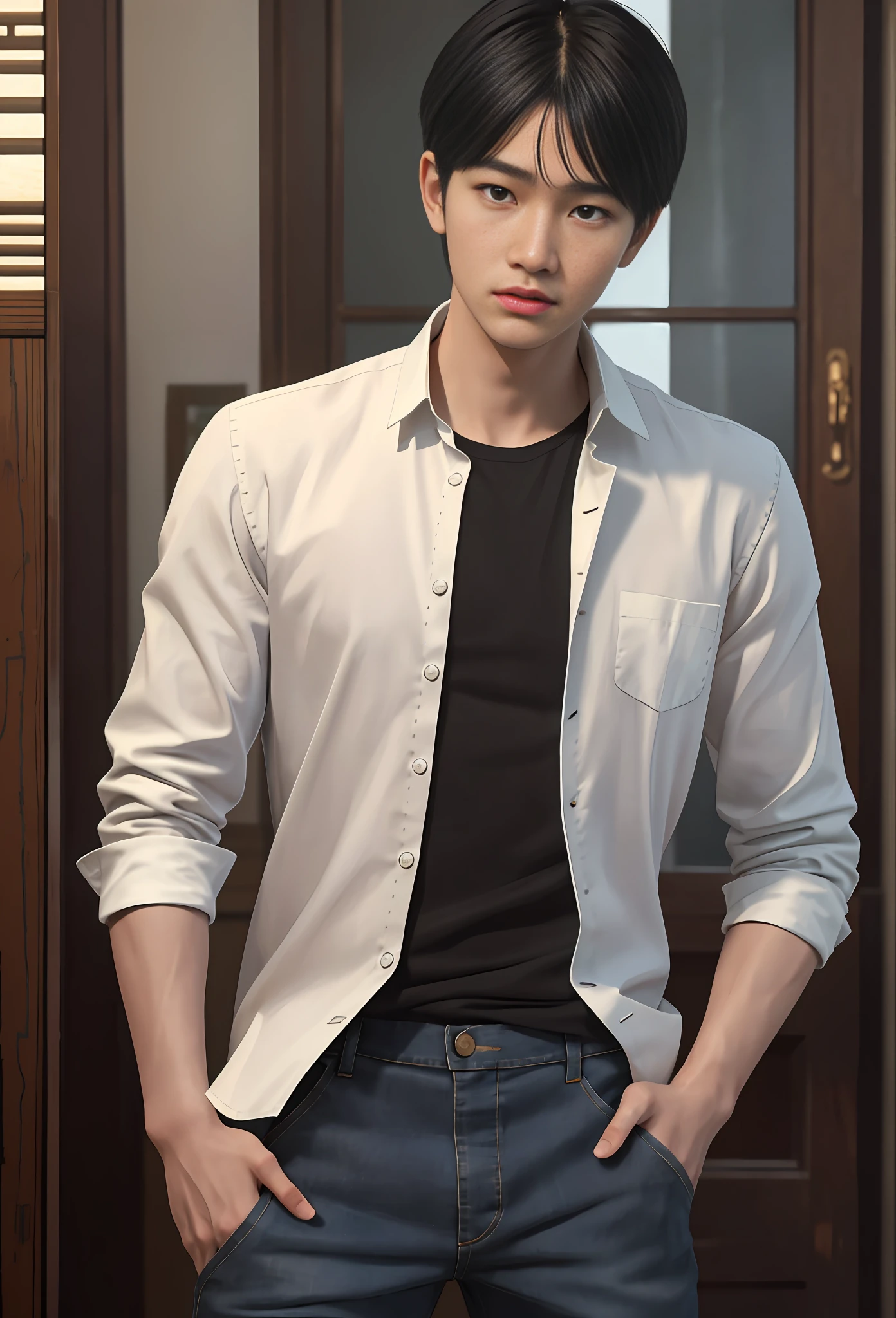 Masterpiece, best quality, (realistic, very detailed), boy, handsome asian face, perfect face, beautiful hair, ((delicate face)), short black hair with bangs, wearing jeans and white shirt, slim body, atmosphere, (realism: 1.5), 8k