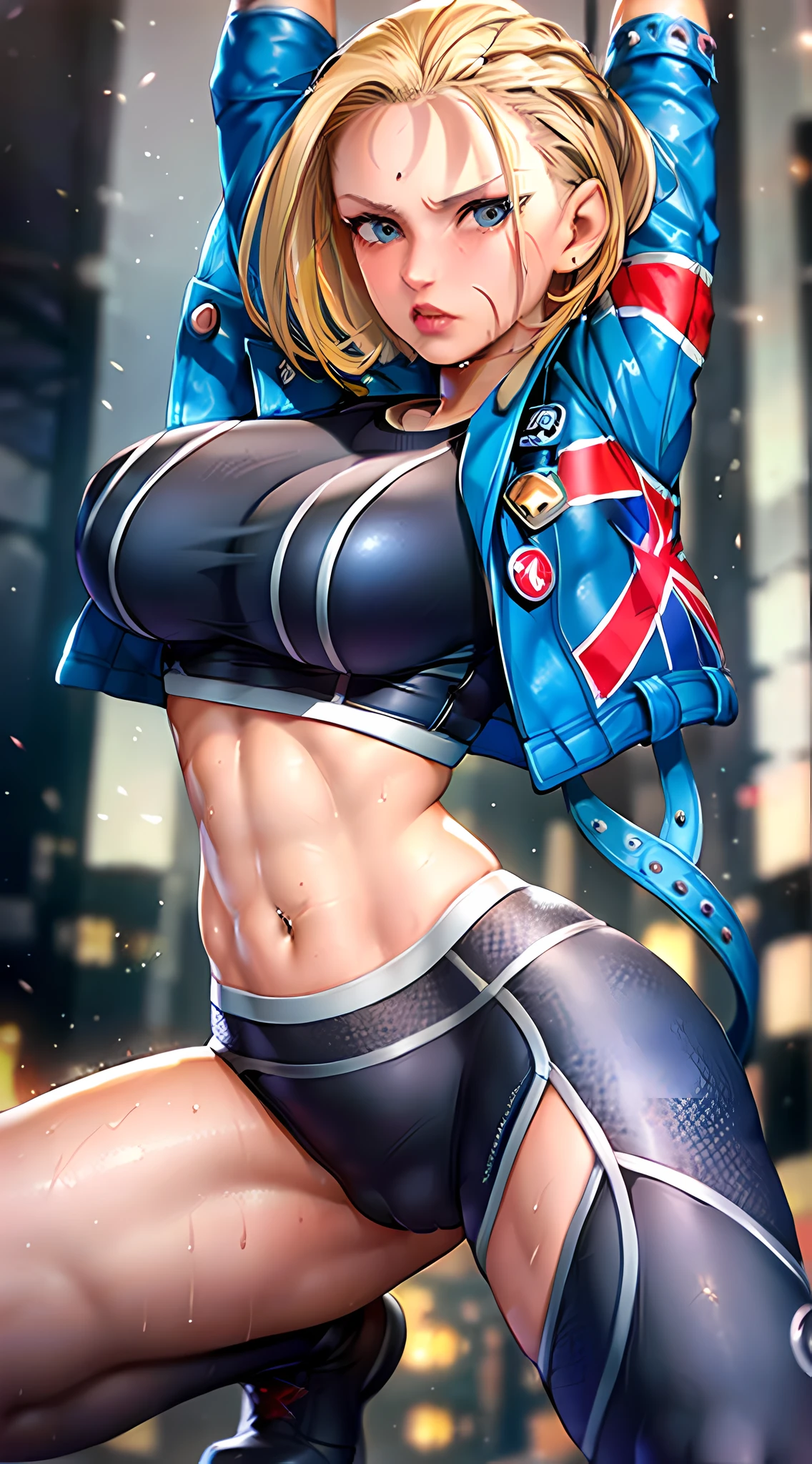 1 girl, Caucasian, ((detailed face)), Cammy in street wrestler outfit ((jacket)), (blue jacket on top) [black sports t-shirt] and (black yoga pants), (circumflex blonde hairstyle, short hair), bottom a gym, (arms behind her back), (bend over), straddling her big ass sexy pose, in a gym.