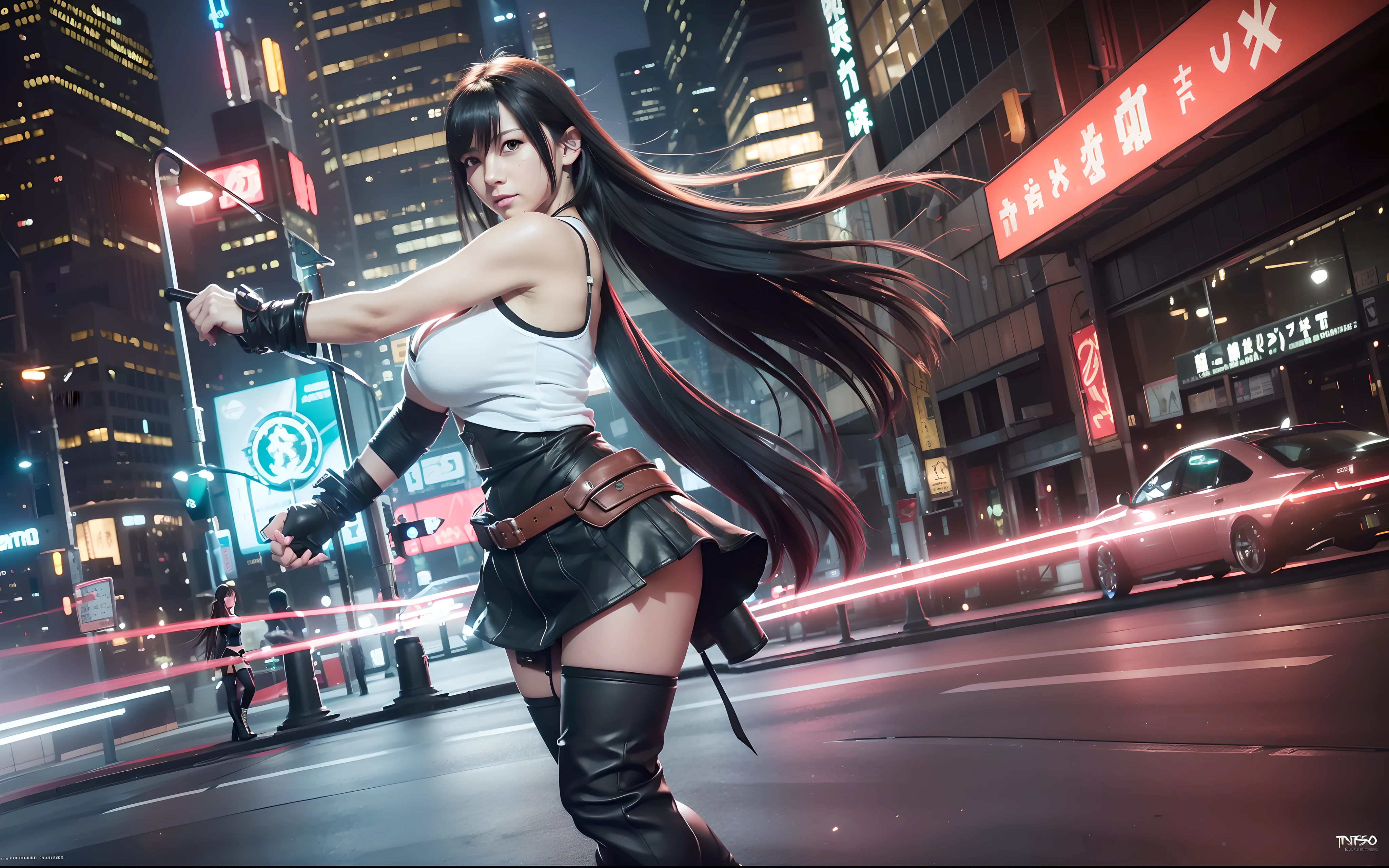 (8k, best quality, masterpiece:1.2), (realistic, photo-realistic:1.37), ultra-detailed, 1 girl,cute, solo, (tifa lockhart), (huge breasts),(beautiful detailed eyes), (smile:1.2), (closed mouth), erotic pose, dancing, neon lights, cityscape, depth of field, dark intense shadows, sharp focus, cars, motion blur, motor bikes, depth of field, good composition, green glowing light, Final Fantasy VII, dating,(nose blush), single elbow pad, ankle boots, black hair, black thighhighs, red boots, elbow gloves, elbow pads, fingerless gloves, taut shirt, sports bra, (suspender black skirt), thighhighs, white tank top, full body, head rest, lips, pretty face, low-tied long hair, ((red_eyes)), yellow flowers, (night:1.3), intricate, bokeh, cinematic lighting, photon mapping, radiosity, physically-based rendering, (Tetsuya Nomura style), nsfw, perfect breasts