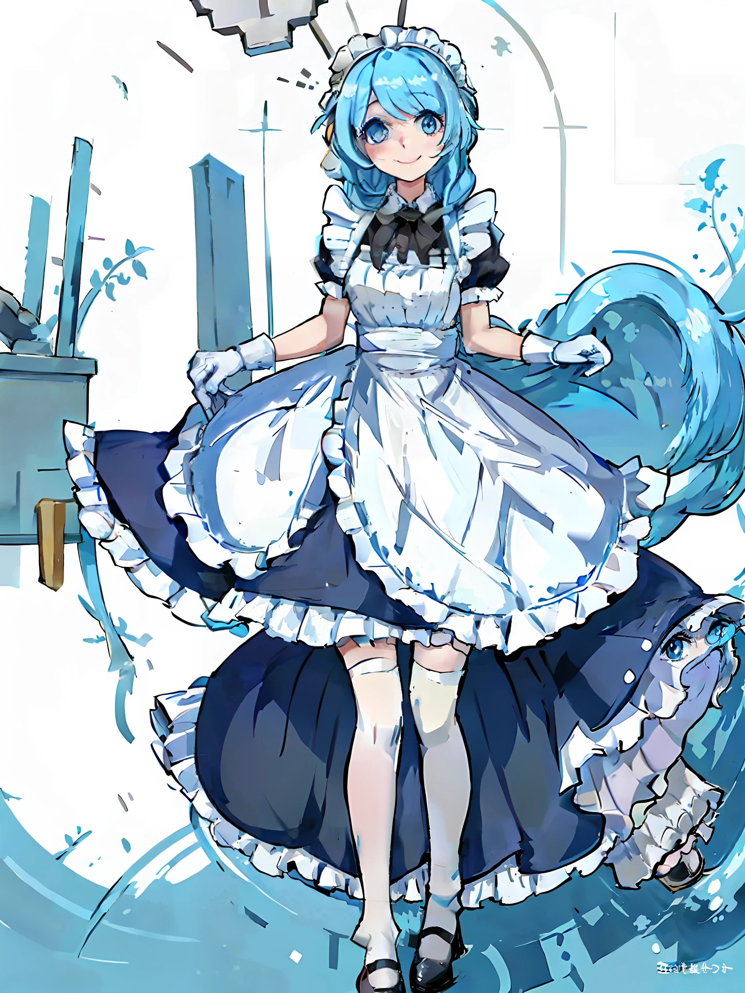 best quality, ultra detailed, 1girl, solo, standing, aquamarine hair, twin braids, blue eyes, maid's headdress, maid's apron, bangs, white gloves, look, smile, looking at the viewer, (interview: 1.3),