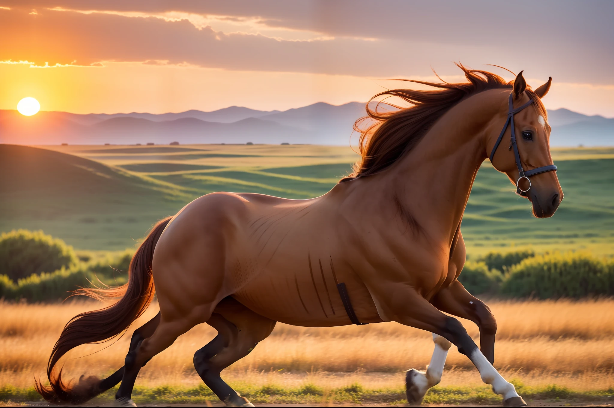A brown-red horse galloped across the steppe in the setting sun, full limbs, long mane,
