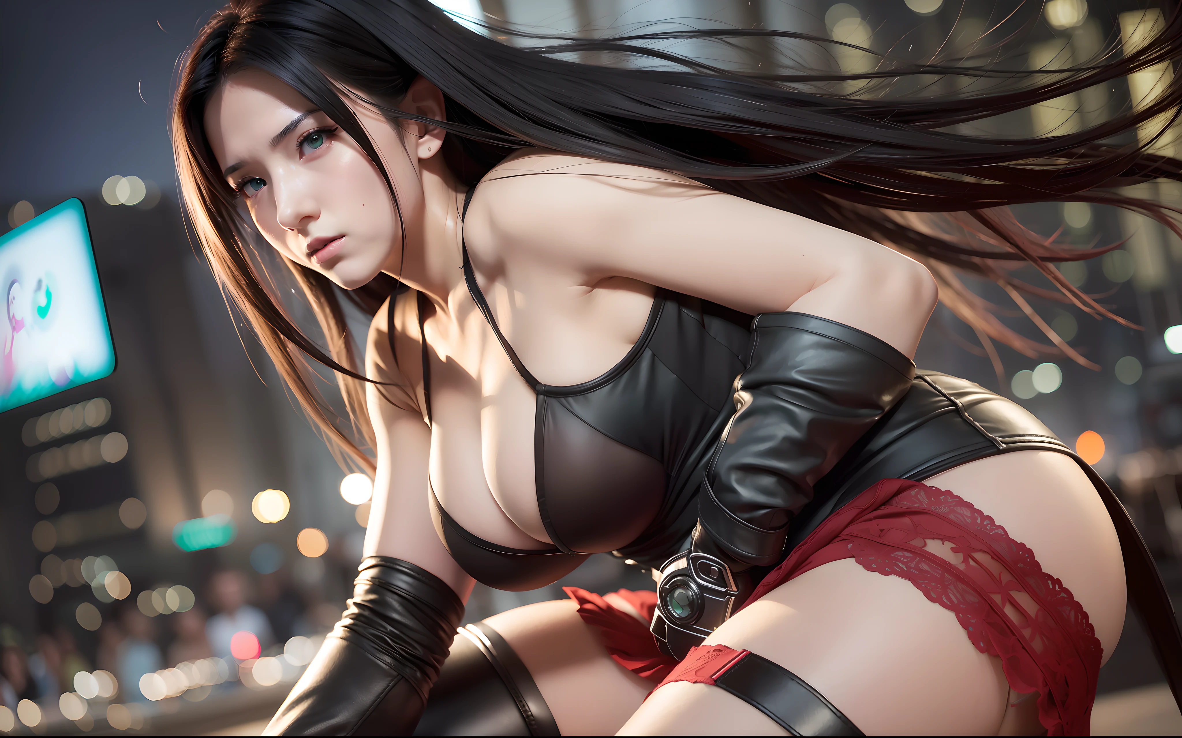 (8k, best quality, masterpiece:1.2), (realistic, photo-realistic:1.37), ultra-detailed, 1 girl,cute, solo, (tifa lockhart), (huge breasts),(beautiful detailed eyes), (smile:1.2), (closed mouth), erotic pose, dancing, neon lights, cityscape, depth of field, dark intense shadows, sharp focus, cars, motion blur, motor bikes, depth of field, good composition, green glowing light, Final Fantasy VII, dating,(nose blush), single elbow pad, ankle boots, black hair, black thighhighs, red boots, elbow gloves, elbow pads, fingerless gloves, taut shirt, sports bra, (suspender black skirt), thighhighs, white tank top, full body, head rest, lips, pretty face, low-tied long hair, ((red_eyes)), yellow flowers, (night:1.3), intricate, bokeh, cinematic lighting, photon mapping, radiosity, physically-based rendering, (Tetsuya Nomura style), nsfw, perfect breasts
