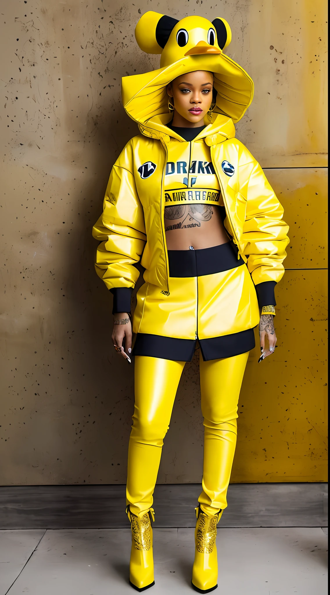 Rihanna with duck outfit, full body, yellow, details, ultra quality, yellow ducks, with a duck