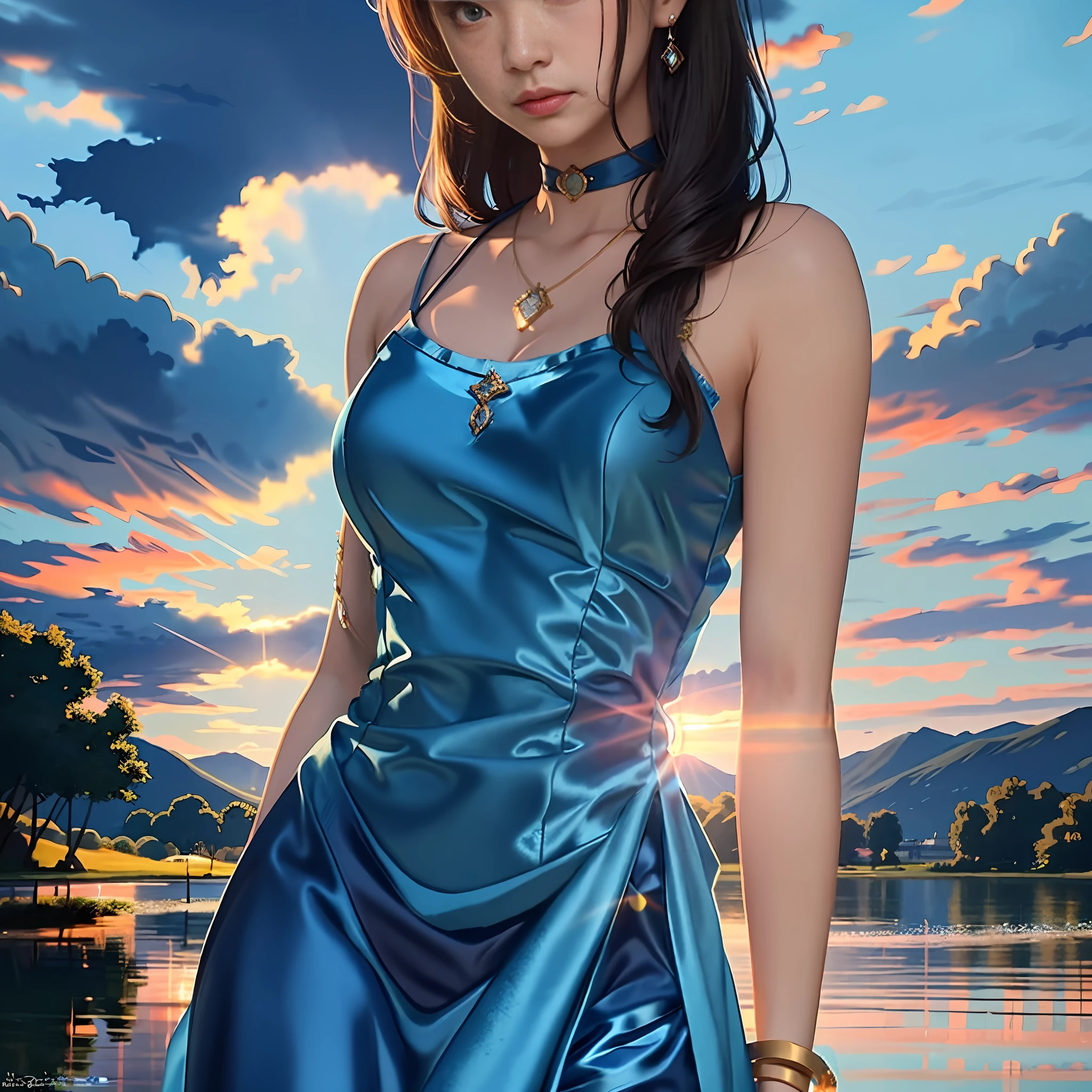 Girl in blue dress standing by lake at sunset, detailed realistic landscape, 16k high quality detailed view,