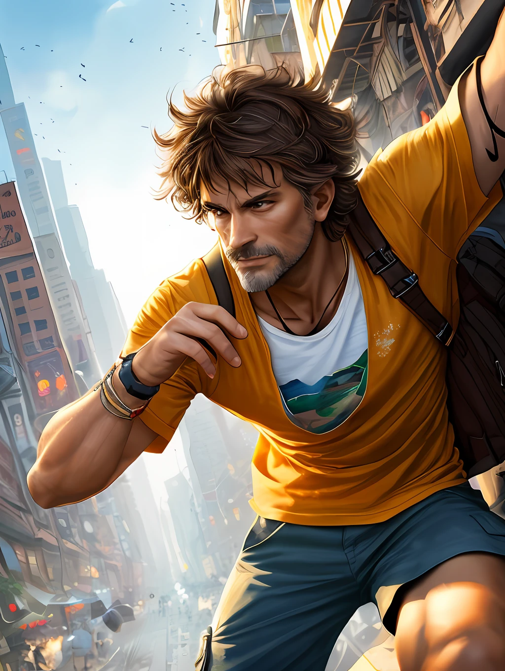 A stylized watercolor digital illustration, attractive, fashion, middle-aged tanned skinning man, age 36 top angle shot, light brown short messy hair, a big metropolis as the background, cinematic light, yellow shirt, cargo shorts, Art by Carne Griffiths and Wadim Kashin, Yoji Shinkawa, Peter Draws, heavenly handsome face, detailed eyes, big greek nose, perfect anatomy, natural hand poses, natural legs poses, approaching perfection, dynamic poses, luminism, highly detailed, sharp focus, full body shot, 8k UHD, masterpiece, ultra fine detail.