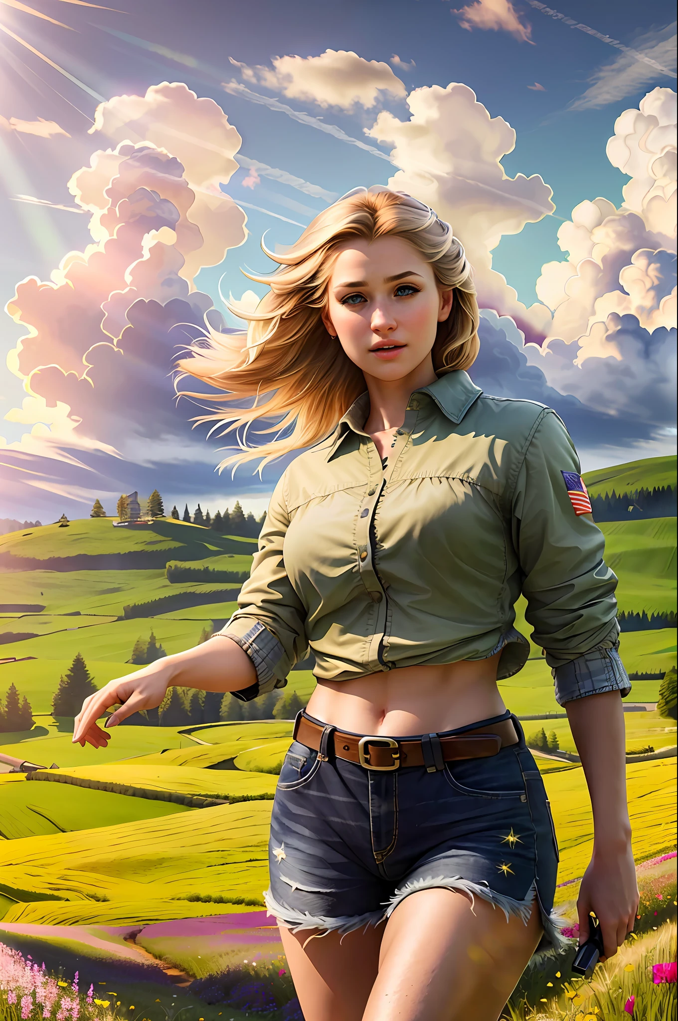 (realistic:1.3), finely detailed, quality, rembrandt lighting, (masterpiece:1.2), (photorealistic:1.2), (best quality), (detailed skin:1.3), (intricate details), dramatic, ray tracing, 1girl, american white girl, blonde hair, 21 years old, medium breasts, (Meadow, Sun, Clouds, Field, Farming, Starlight, Walking trail)