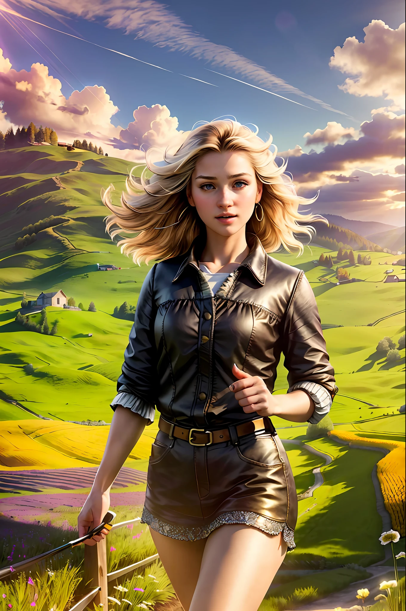 (realistic:1.3), finely detailed, quality, rembrandt lighting, (masterpiece:1.2), (photorealistic:1.2), (best quality), (detailed skin:1.3), (intricate details), dramatic, ray tracing, 1girl, american white girl, blonde hair, 21 years old, medium breasts, (Meadow, Sun, Clouds, Field, Farming, Starlight, Walking trail)