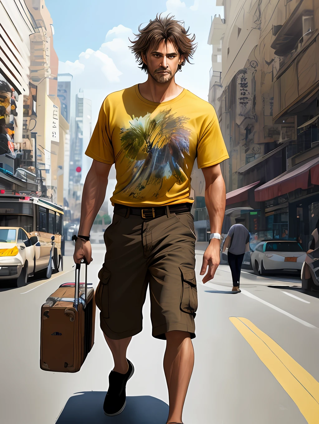 A stylized watercolor digital illustration, attractive, fashion, middle-aged tanned skinning man, age 36 top angle shot, light brown short messy hair, a big metropolis as the background, cinematic light, yellow shirt, cargo shorts, Art by Carne Griffiths and Wadim Kashin, Yoji Shinkawa, Peter Draws, heavenly handsome face, detailed eyes, big greek nose, perfect anatomy, natural hand poses, natural legs poses, approaching perfection, dynamic poses, luminism, highly detailed, sharp focus, full body shot, 8k UHD, masterpiece, ultra fine detail.