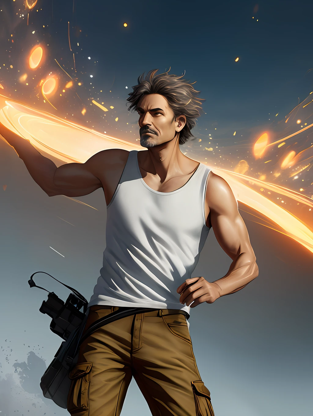 A stylized watercolor digital illustration, attractive, fashion, middle-aged tanned skinning man, age 36 top angle shot, light brown short messy hair, a big metropolis as the background, cinematic light, yellow shirt, cargo shorts, Art by Carne Griffiths and Wadim Kashin, Yoji Shinkawa, Peter Draws, heavenly handsome face, detailed eyes, big greek nose, perfect anatomy, natural hand poses, natural legs poses, approaching perfection, dynamic poses, luminism, highly detailed, sharp focus, full body shot, 8k UHD, masterpiece, ultra fine detail.