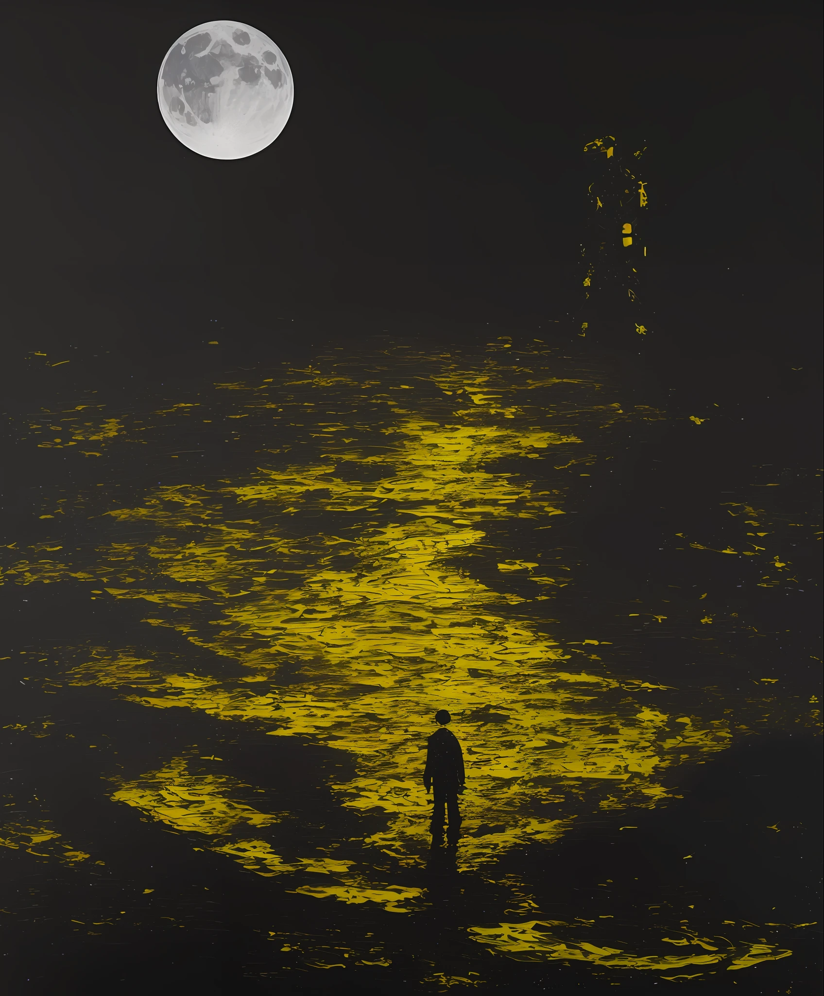 painting of a man standing on a moonlit surface with a yellow object, oil on canvas; nuclear fallout, surreal black and yellow, surreal tears from the moon, oil and alien on canvas, painting on black canvas, cosmic horror painting, radioactive horror painting, oilpainting, science fiction painting, the moon crashes into the earth, painting of a dreamscape