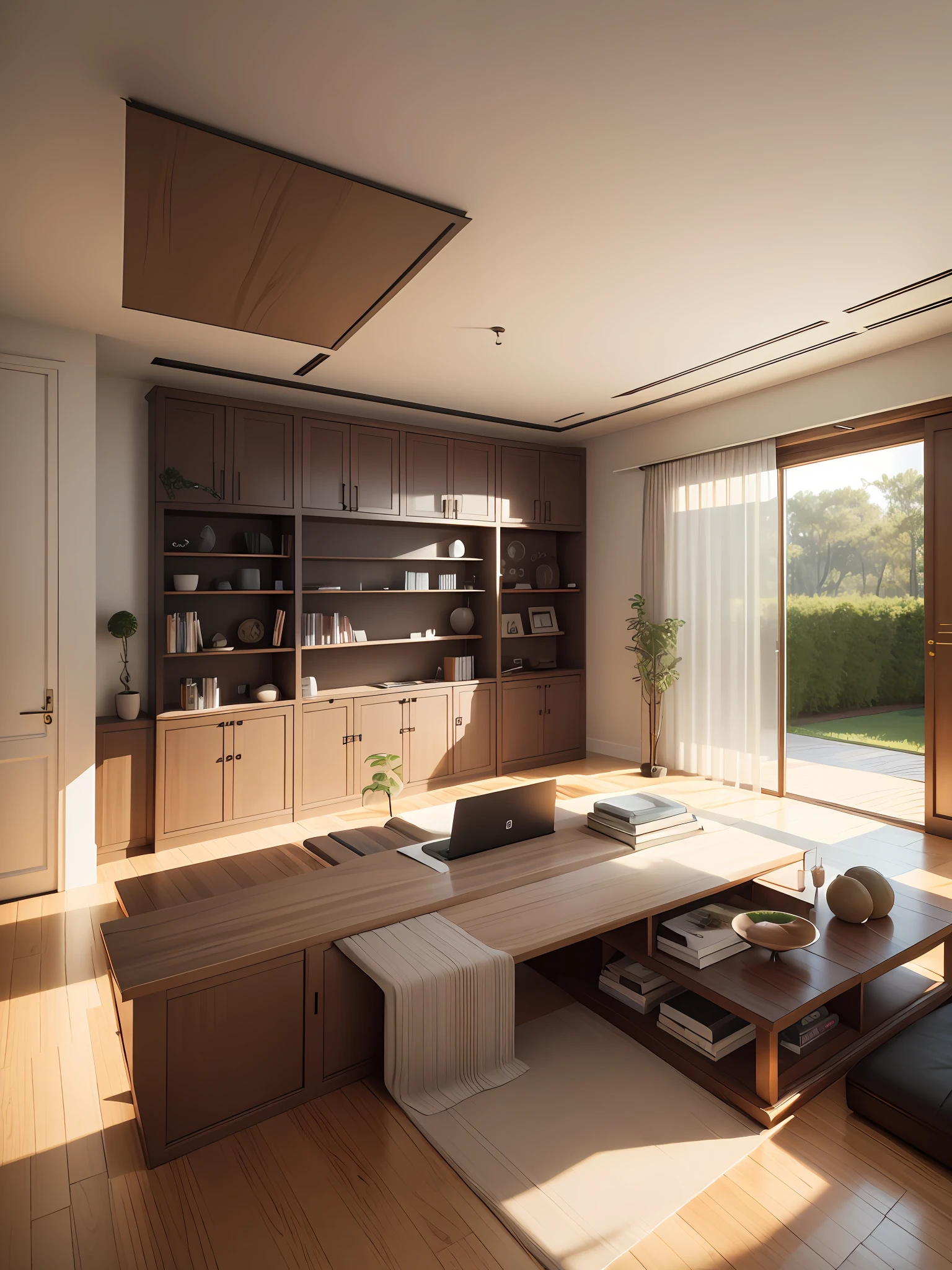Masterpiece, best quality, (living room 1.5), windows, rich color combination, 3d rendering style, interior architectural view, 3d final rendering, 3d final rendering, physically based rendering, 3D perspective, interior design details, long desk, Chinese, new Chinese, literati, minimalist, bonsai, large doors and windows, greenery, solid color carpets, bogu shelves, cabinets, floors, windows, curtains, bookshelves behind it, indoor ceiling, interior lighting, --auto --s2