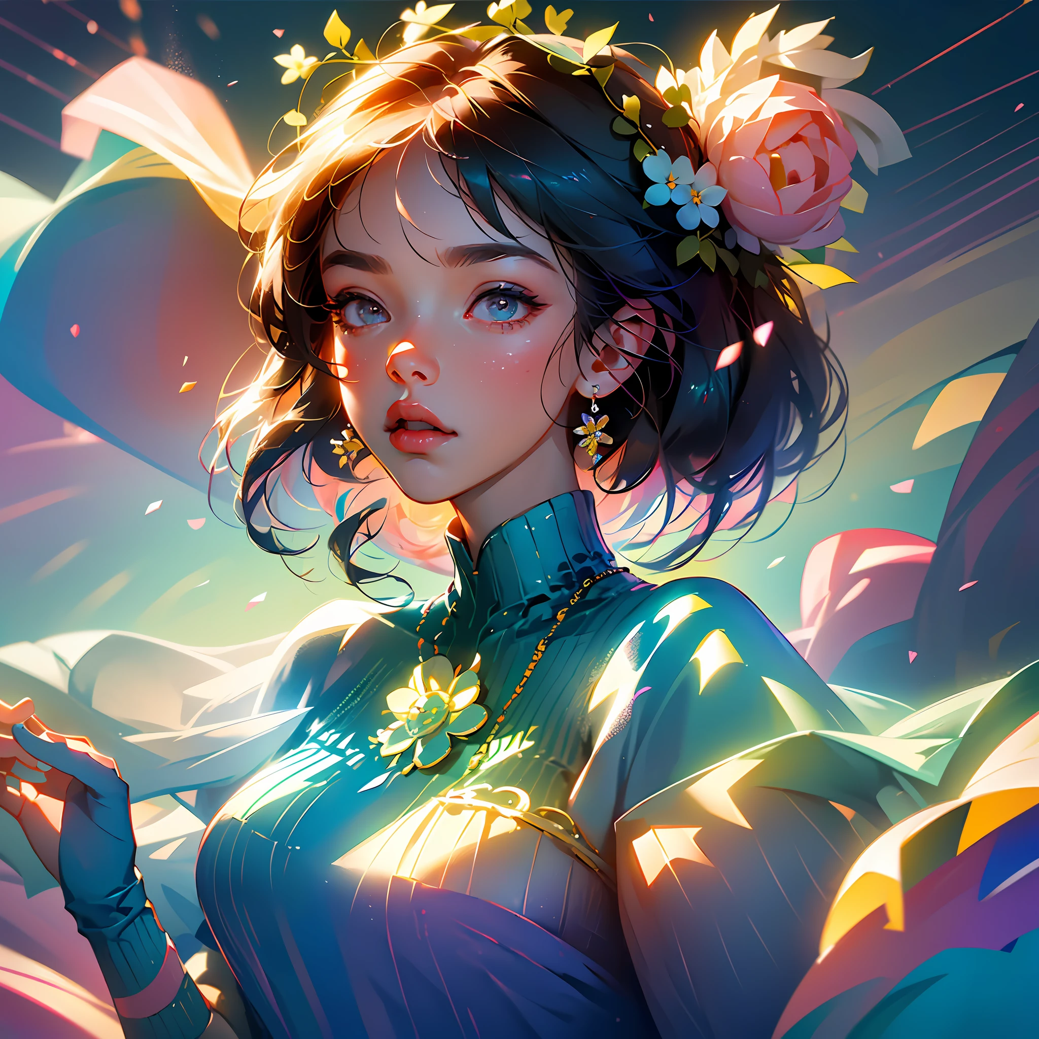 A girl holding flowers, colorful balloons floating in the sky, meadow, dancing, holding flowers, happy, happy, perfect quality, clear focus (clutter-home: 0.8), (masterpiece: 1.2) (Realistic: 1.2) (Bokeh) (Best quality) (Detailed skin: 1.3) (Intricate details) (8K) (Detail Eyes) (Sharp Focus), (Happy) --auto --s2