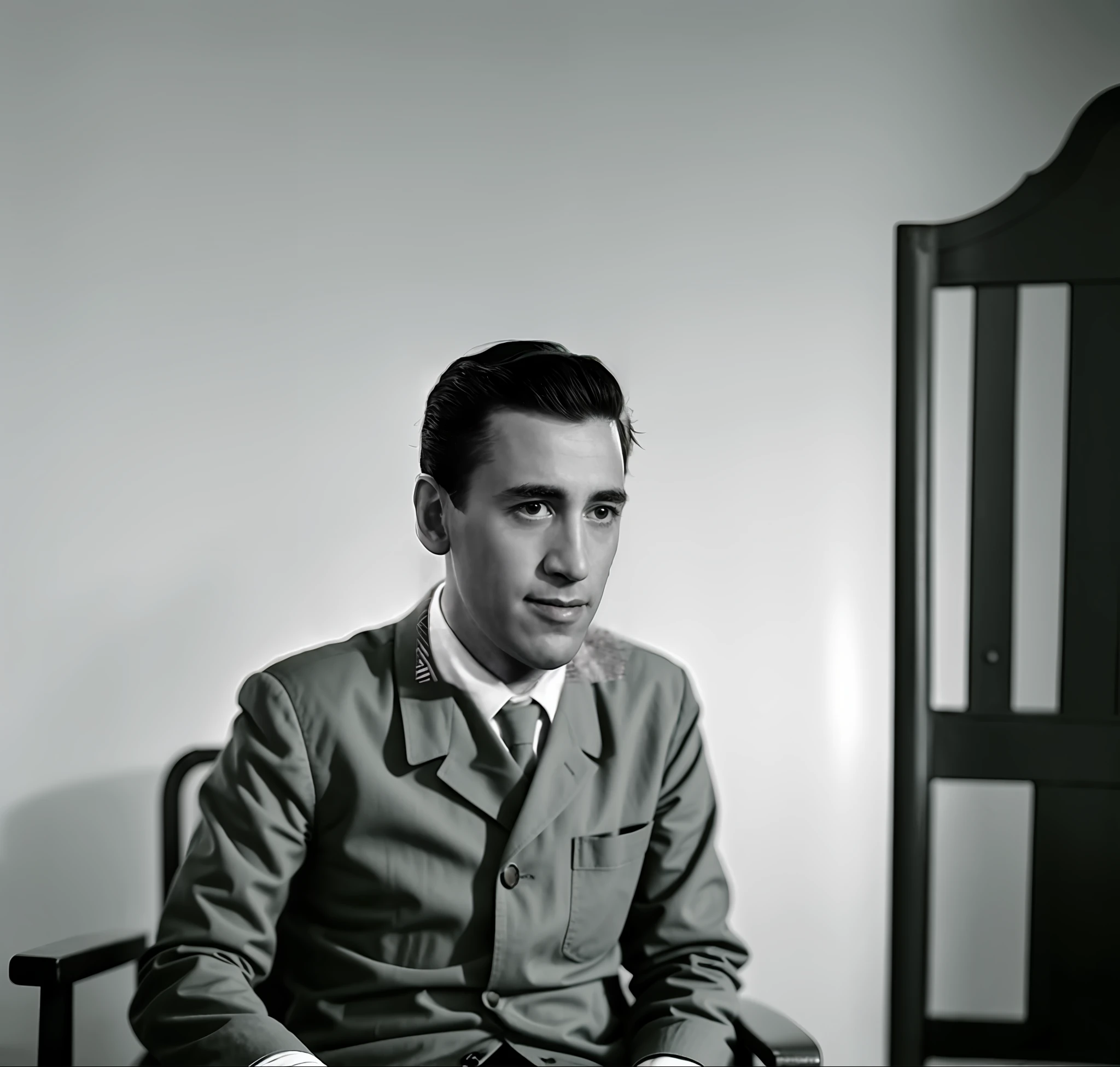 Salinger sitting in a chair with crossed legs