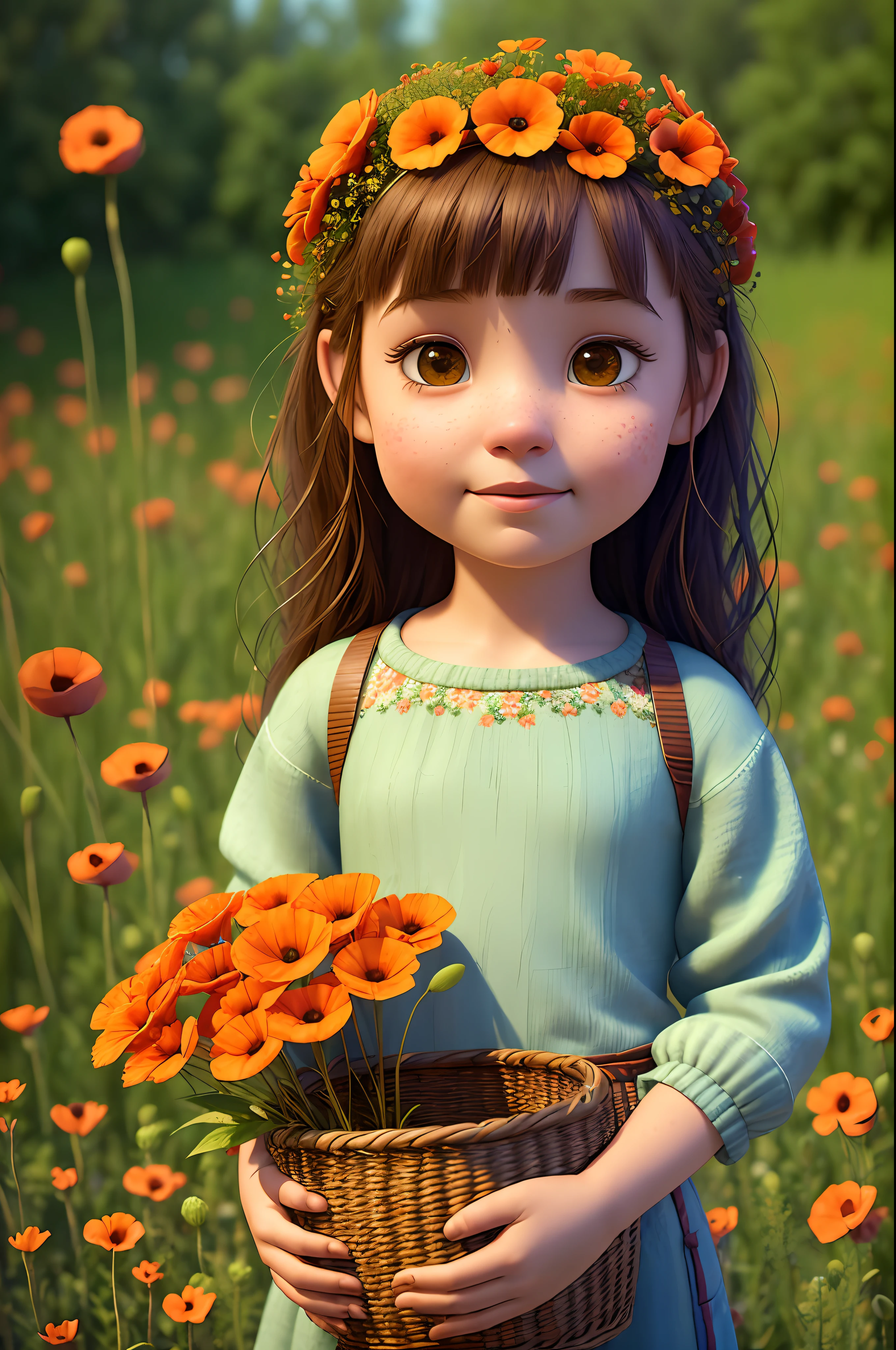 (pixarstyle:1.25) a waist-length portrait of a girl with a basket of flowers, overgrown with poppy flower, natural skin texture, 4k textures, hdr, intricate, highly detailed, sharp focus, cinematic look, hyperdetailed