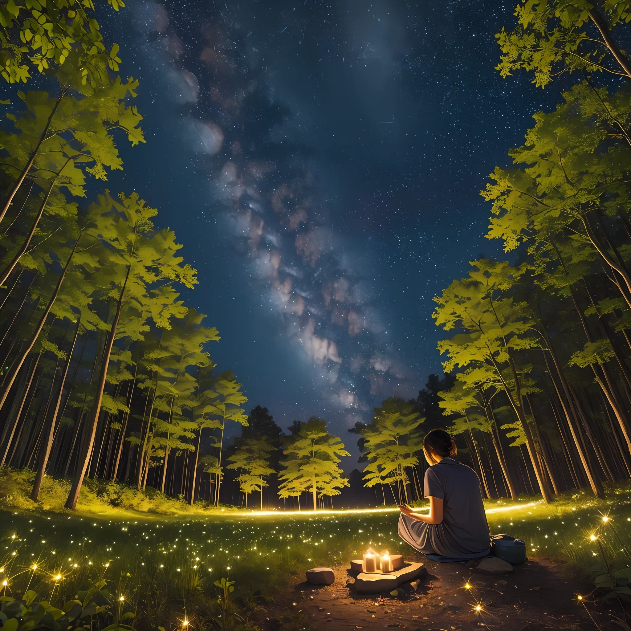 A mysterious forest awakens at nightfall. The towering trees and lush foliage make for a breathtaking sight. In the sky, the stars twinkle with the kind of spin and fluctuation in Van Gogh's "Starry Sky", adding a dreamy atmosphere to the whole picture.

In the depths of the forest, countless fireflies flew in the air, their faint light flickering in the darkness, as if they were stars on the ground. The glow of these fireflies and the glow of the stars in the sky create a mysterious and fascinating sight.

In the center of the picture, you can see yourself sitting on a rock and being captivated by this wonderful view. Your eyes are filled with wonder and awe, as if under the light of this starry sky and fireflies, you have found inner peace and tranquility. --auto --s2