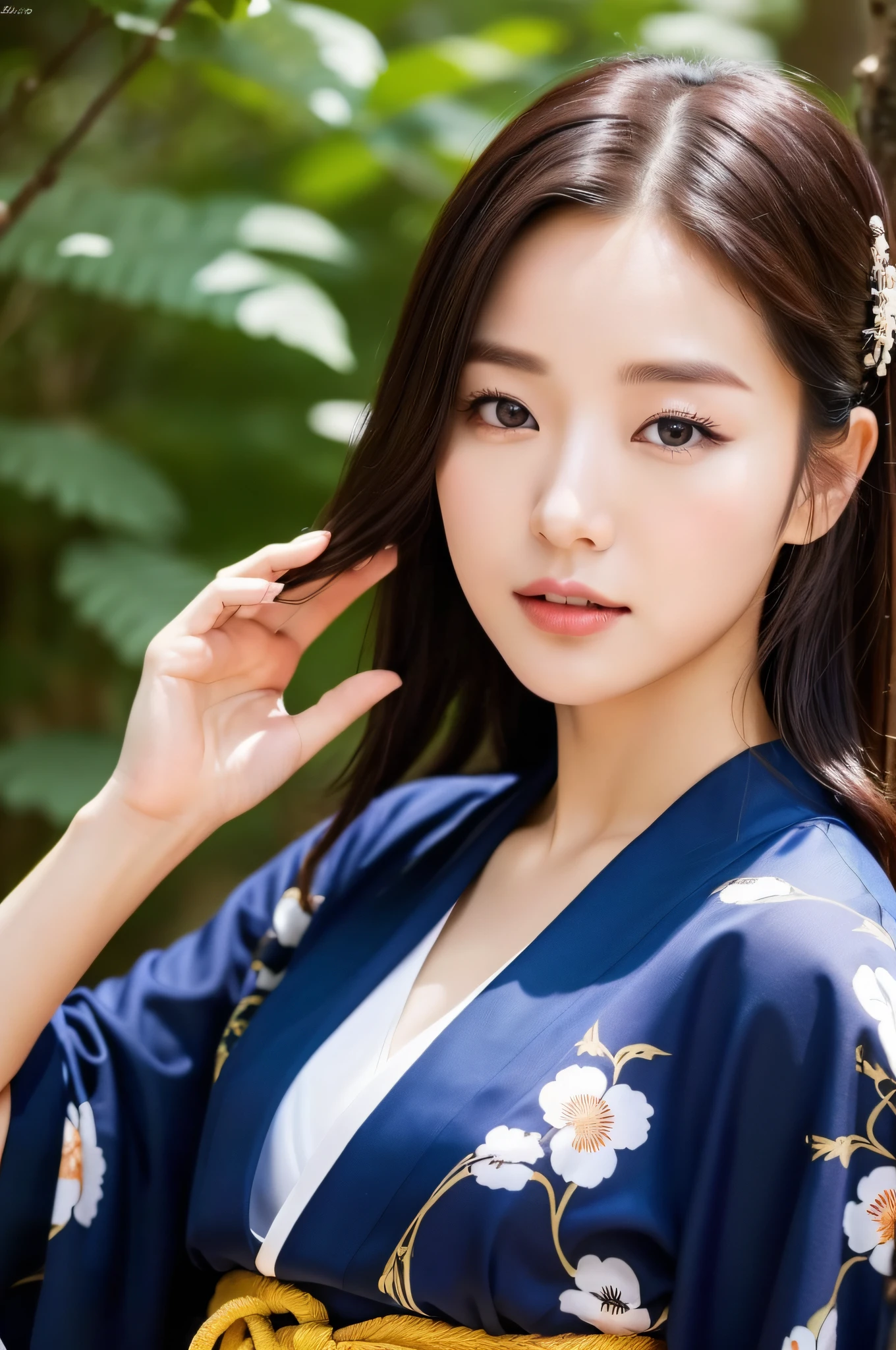((Top Quality, 8K, Masterpiece: 1.3)), Sharp Focus: 1.2, (Super Beautiful Face: 1.0), (Slender Abs Beauty: 1.0), (Shiny Skin: 1.0), Realistic Photography, Black Hair, Realistic Pupils, Video Lighting, High Definition Eyes and Face, Video Lighting, (Cowboy Shot: 1.3), kimono, hakama, obi, (Korean Cute Actress), in nature, traditional kimono