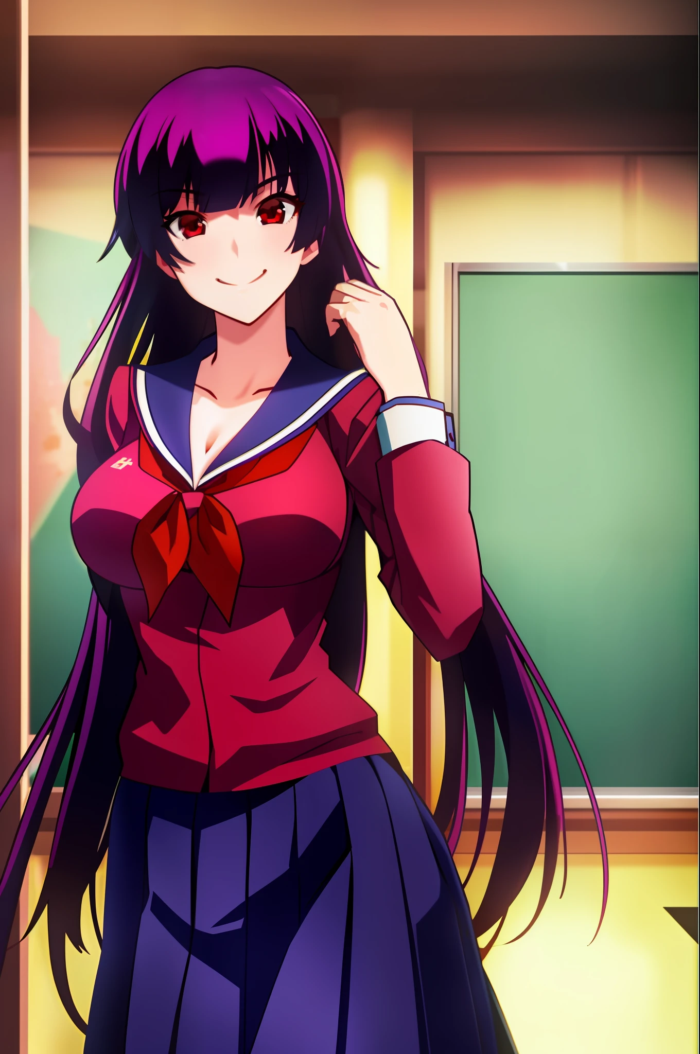 1girl, masterpice, high quality, best quality, good body, 5fingers, good hands and fingers, official art, (8k), (pixiv), (solo), dynamic angle, classroom,(sculpted body) , big breasts, (evil smile), looking at viewer, konoe_yuuko, very long hair, school uniform, red eyes, purple hair, night
