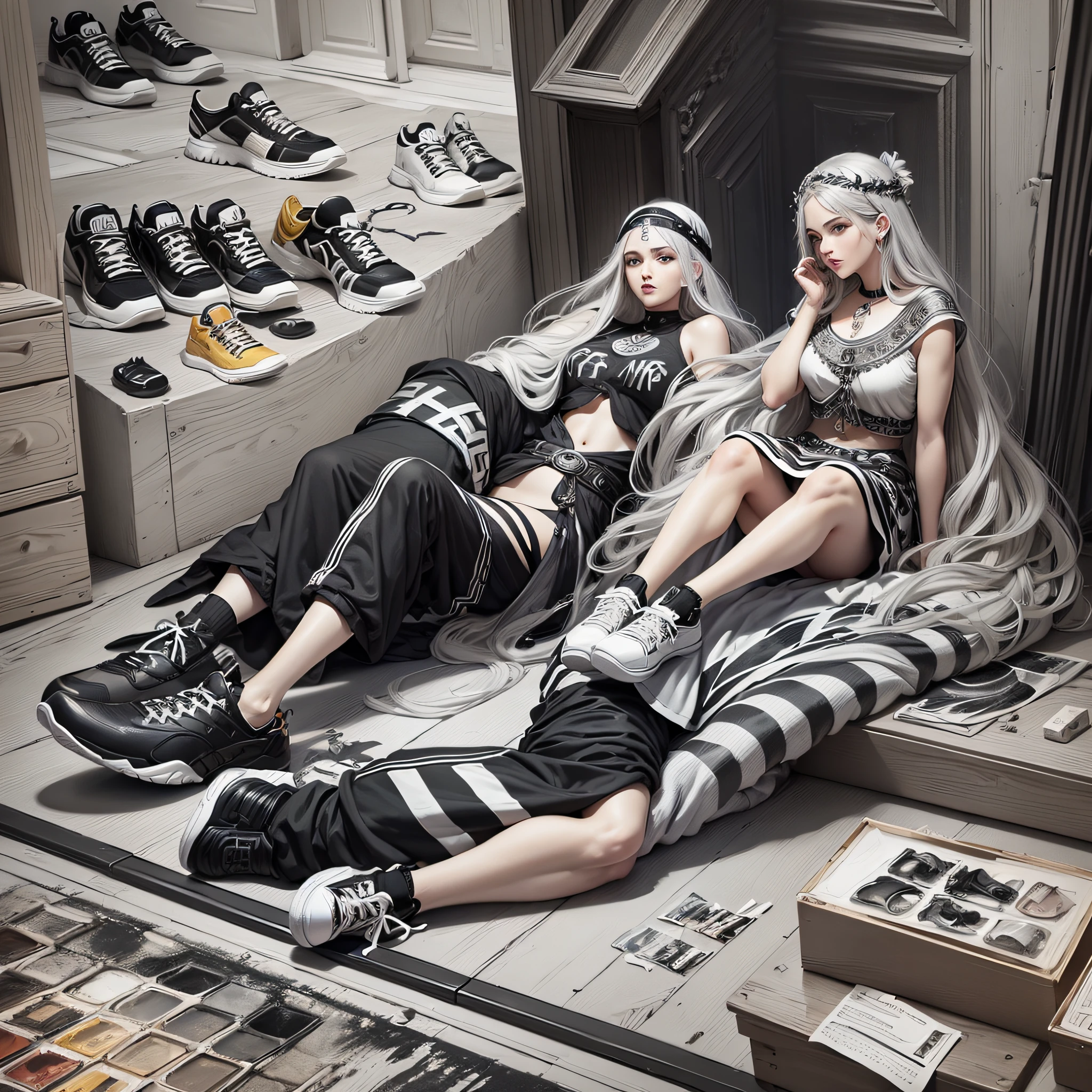 (colors: gray, black and white) A Greek-themed Illuminist painting involving all the Greek gods for a campaign of a SNEAKERS shoe store --auto --s2