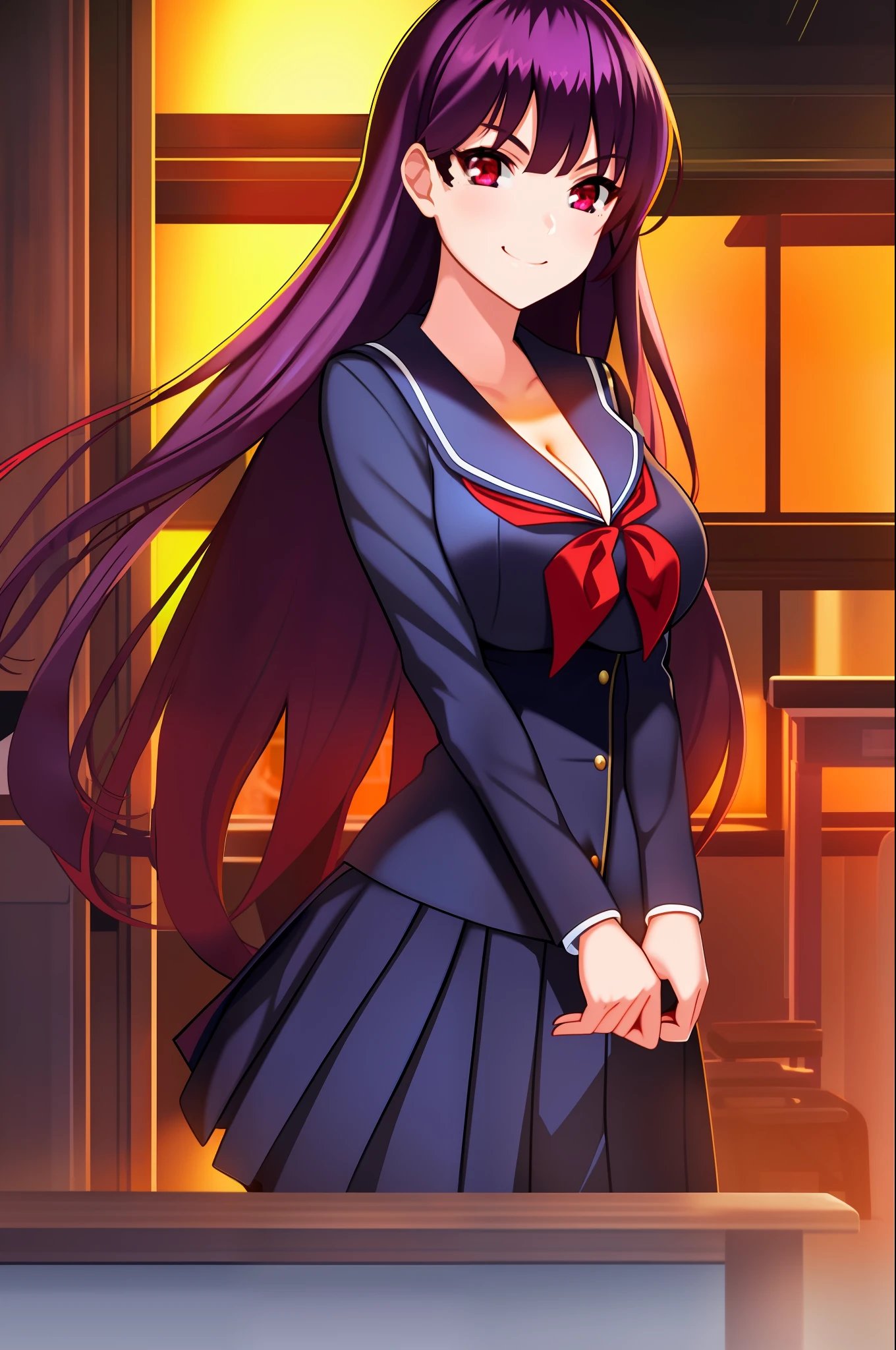 1girl, masterpice, high quality, best quality, good body, 5fingers, good hands and fingers, official art, (8k), (pixiv), (solo), dynamic angle, classroom,(sculpted body) , big breasts, (evil smile), looking at viewer, konoe_yuuko, very long hair, school uniform, red eyes, purple hair, night